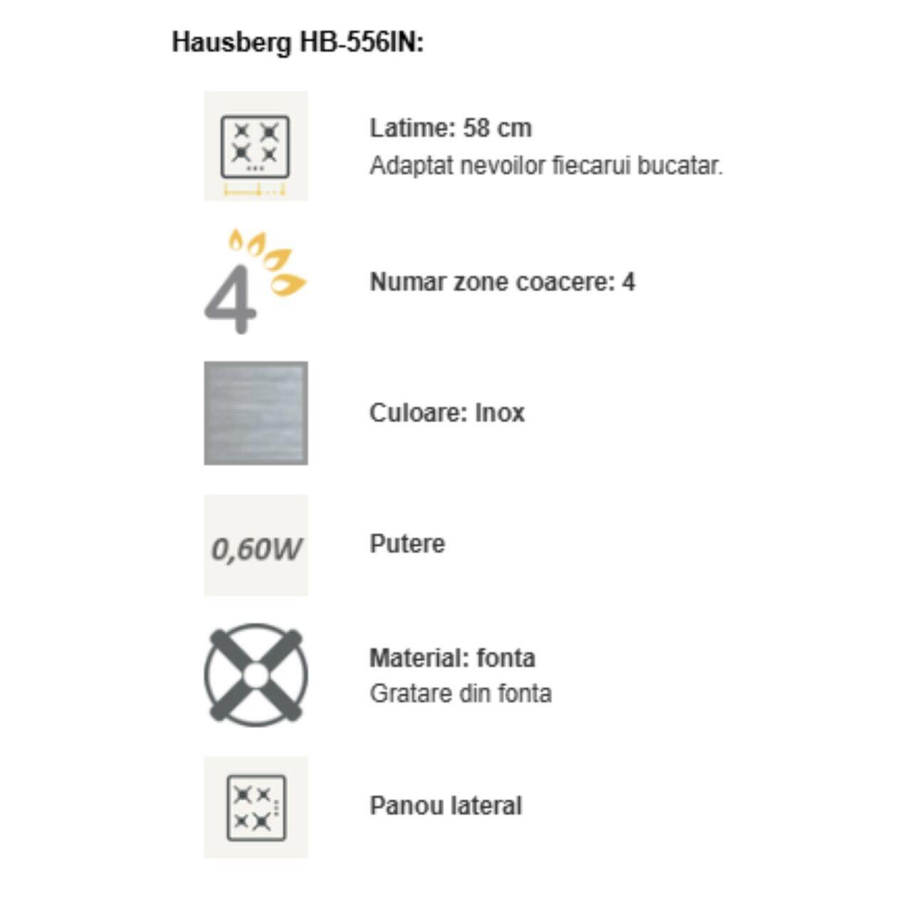 Plita incorporabila Hausberg HB-556IN, Gaz, 4 arzatoare, Sistem siguranta GAZ, Gratar din fonta, Inox