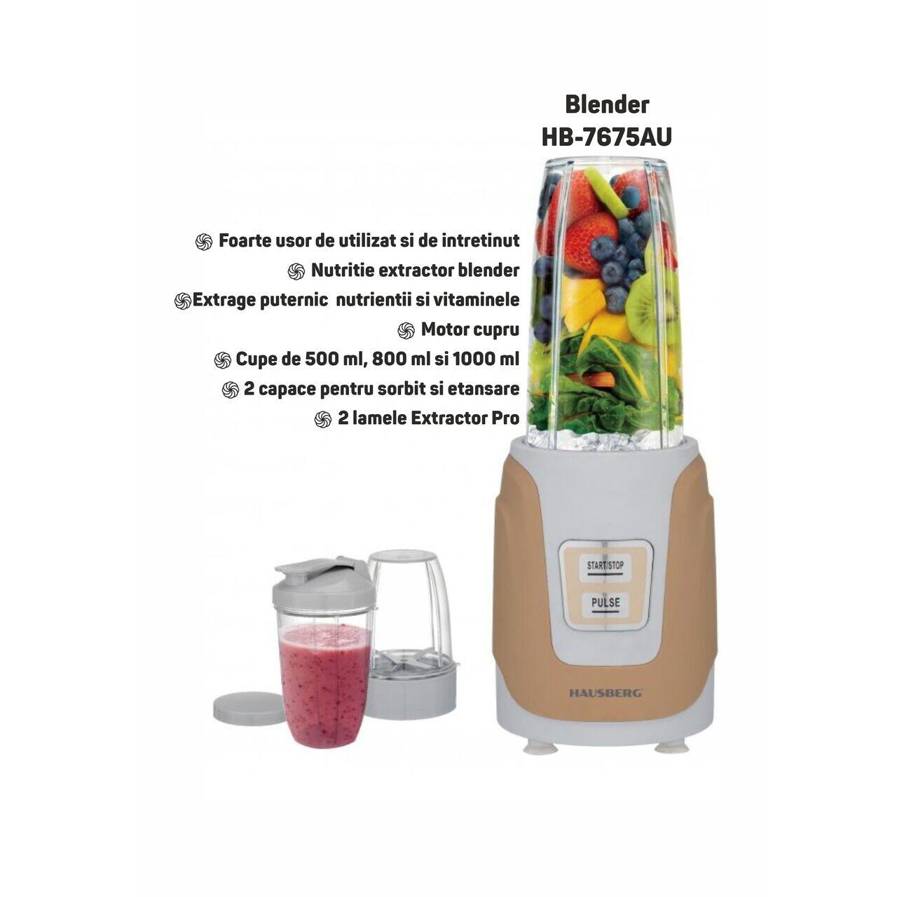 Blender Hausberg HB-7675AU 1000W, Capacitate 1000ml, motor de cupru