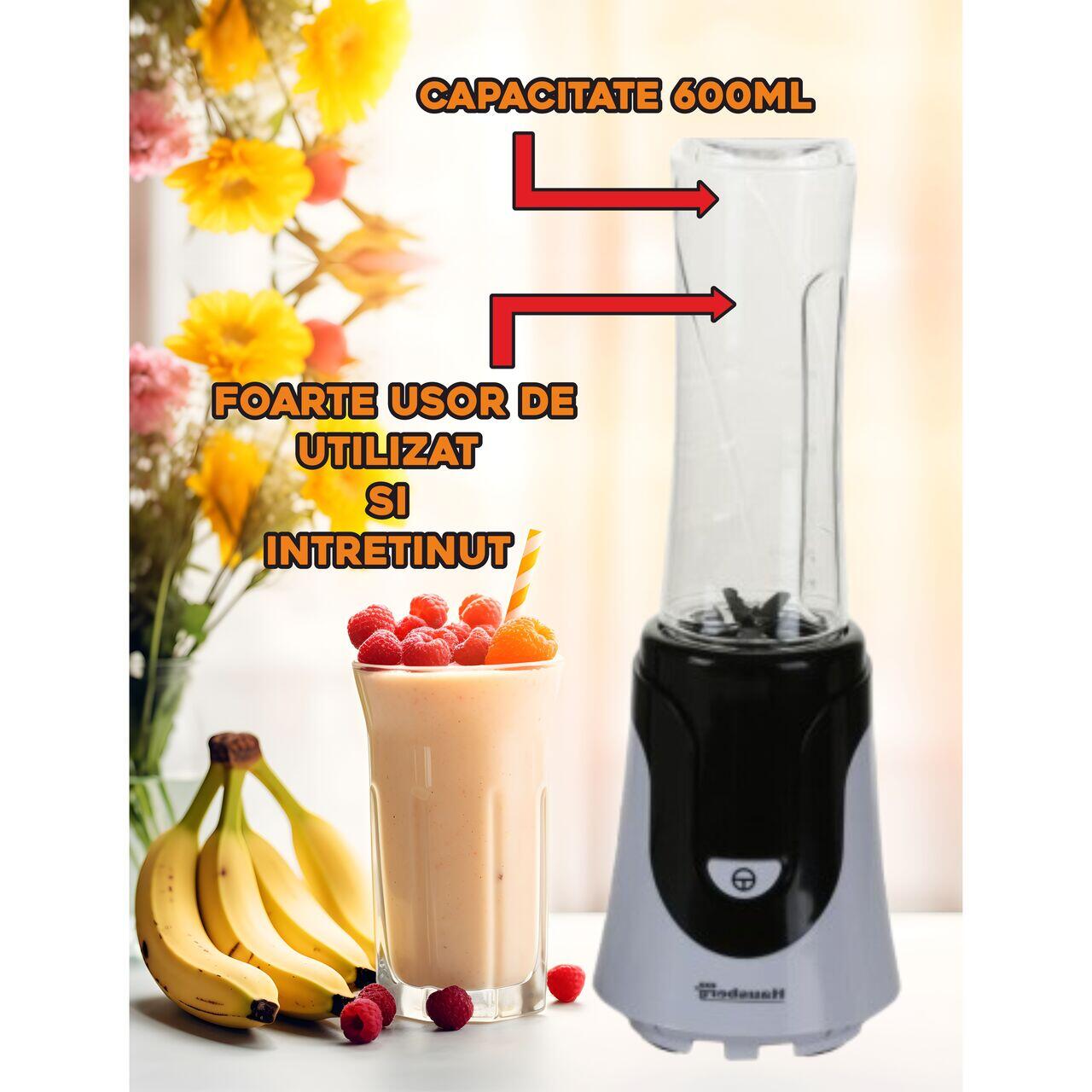 Blender Smoothie ,Hausberg HB-7676NG, Putere 300W, Capacitate 600ml, motor de cupru, Negru