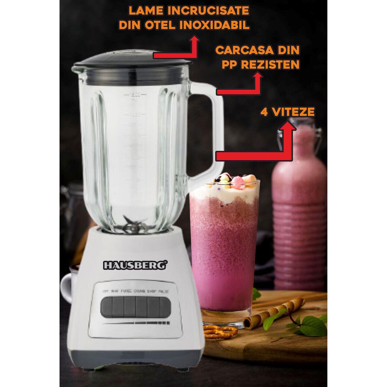 Blender cu rasnita HAUSBERG HB-7772AB, 400-500W, Capacitate 1.5L, Bol din Sticla, 4 Viteze, Lame din Inox