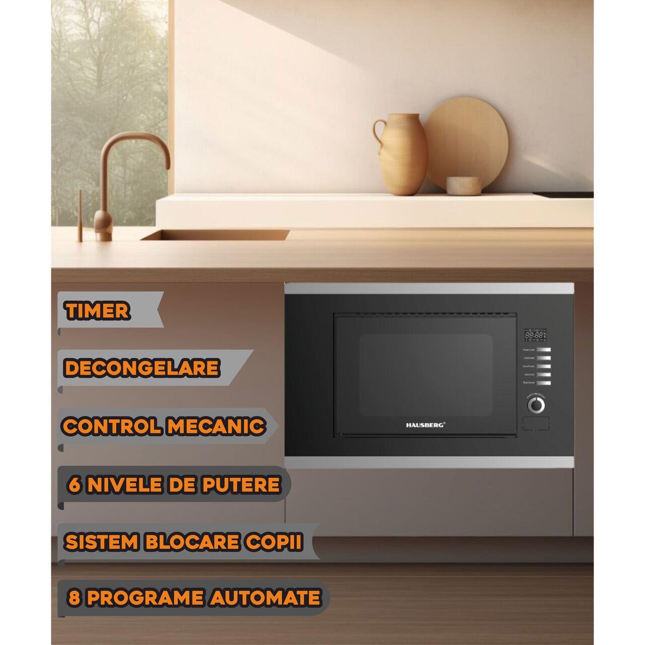 Cuptor cu microunde incorporabil Hausberg HB-8065, 20 l, 1200 W, 6 nivele de putere, 8 programe automate, control mecanic, decongelare, timer, sistem blocare copii