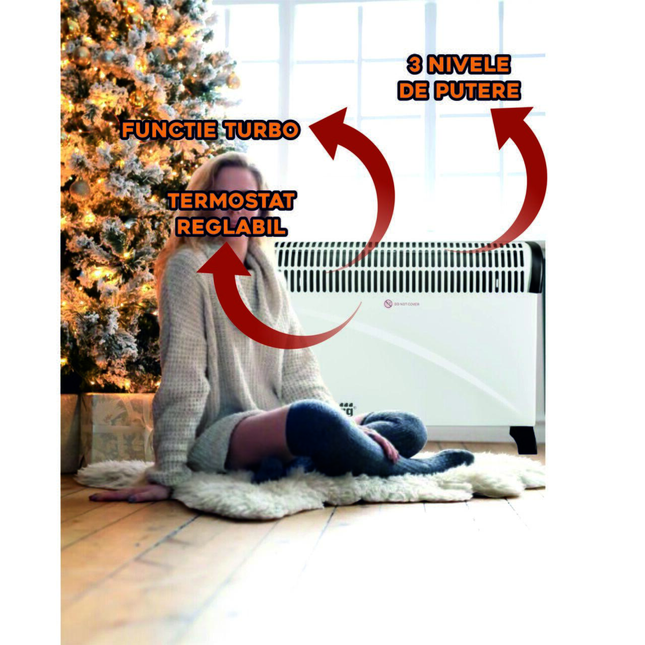 Convector electric HAUSBERG HB-8201, 2000W, 3 nivele de putere, termostat reglabil, functie turbo