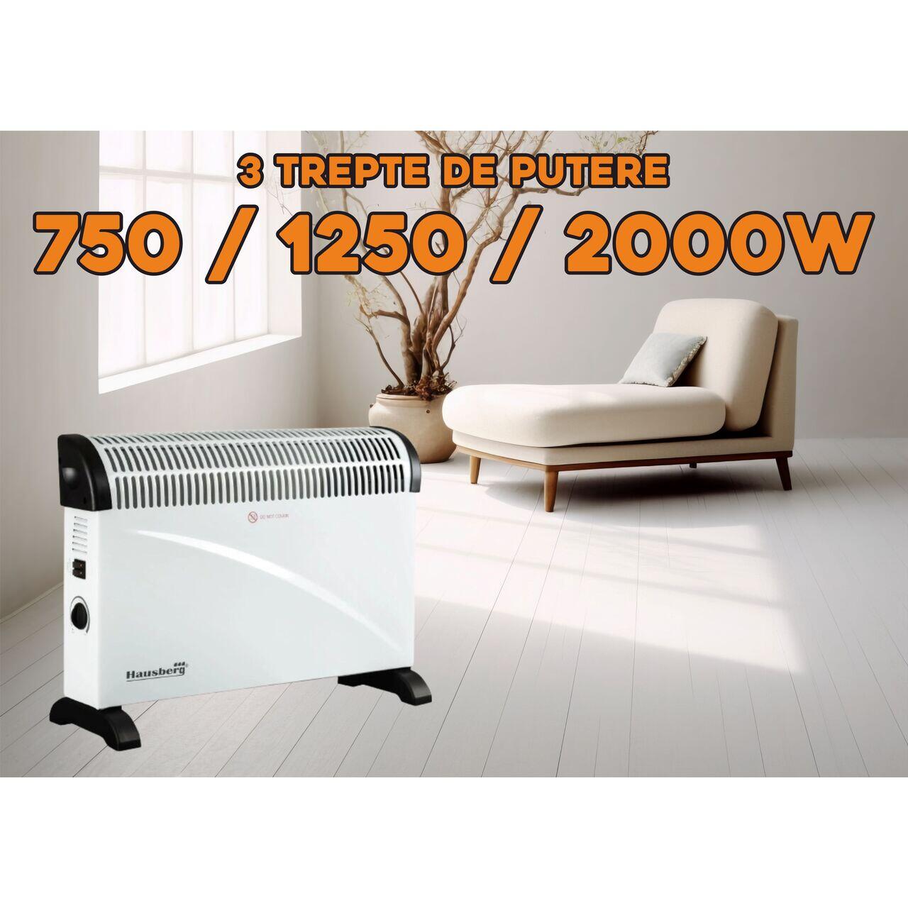 Convector electric HAUSBERG HB-8206, 3 trepte de putere 750/1250/2000W, termostat reglabil, protective supraincalzire, indicator luminos