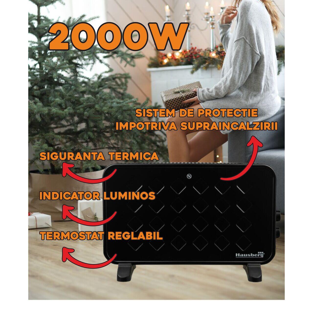Convector electric Luxury HAUSBERG HB-8220, 2000W, 2 trepte de putere, termostat, protectie supraincalzire, indicator luminos, functie Turbo