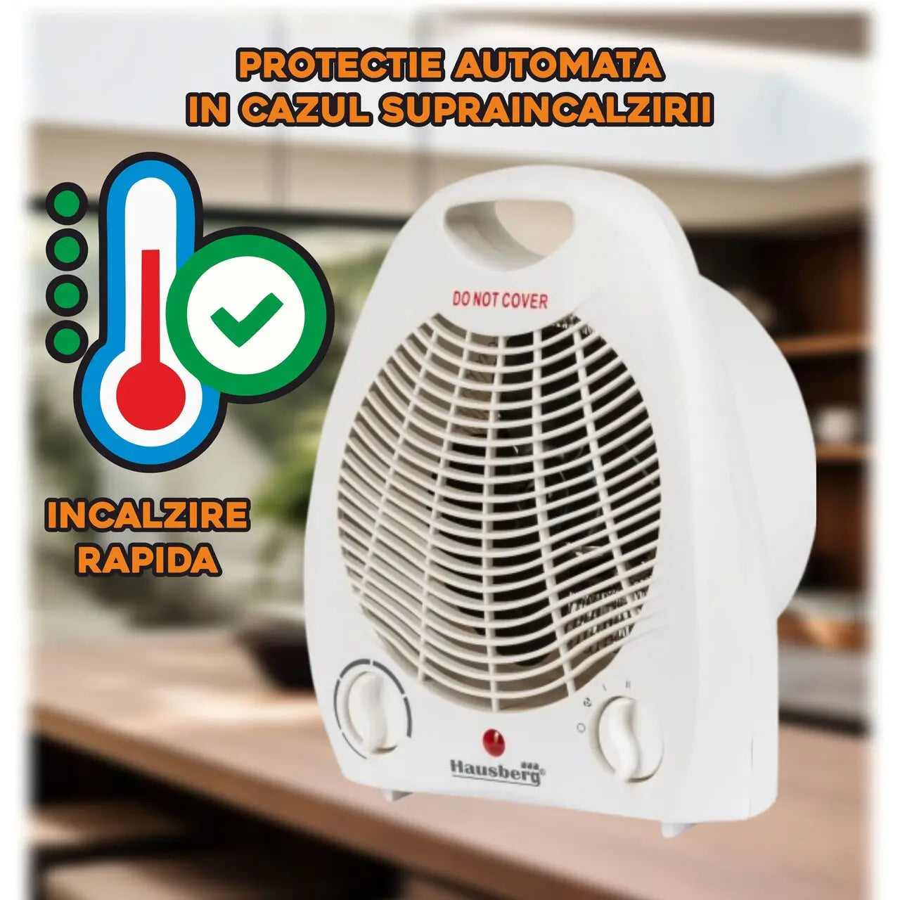 Aeroterma HAUSBERG HB-8501AB, 2000W, 2 trepte de putere, termostat reglabil