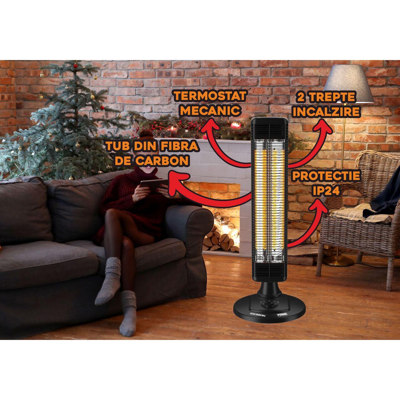 Radiator electric HAUSBERG HB-8565NG, 1000W, 2 trepte incalzire, tub din fibra de carbon, protectie IP24, termostat mecanic, carcasa din metal