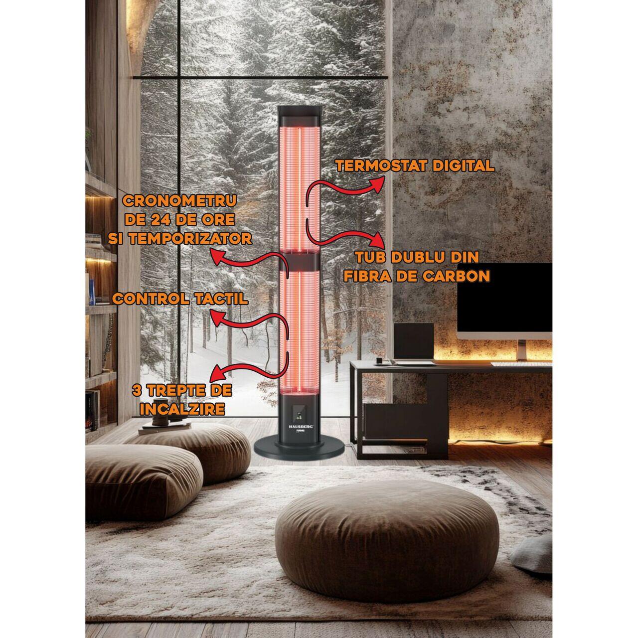Radiator electric digital cu telecomanda Hausberg HB-8570NG, 3000W, 3 trepte incalzire, tub dublu din fibra de carbon, protectie IP45, termostat digital