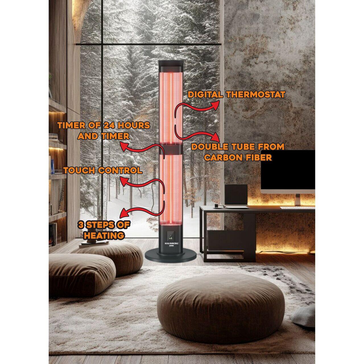 Radiator electric digital cu telecomanda Hausberg HB-8570NG, 3000W, 3 trepte incalzire, tub dublu din fibra de carbon, protectie IP45, termostat digital