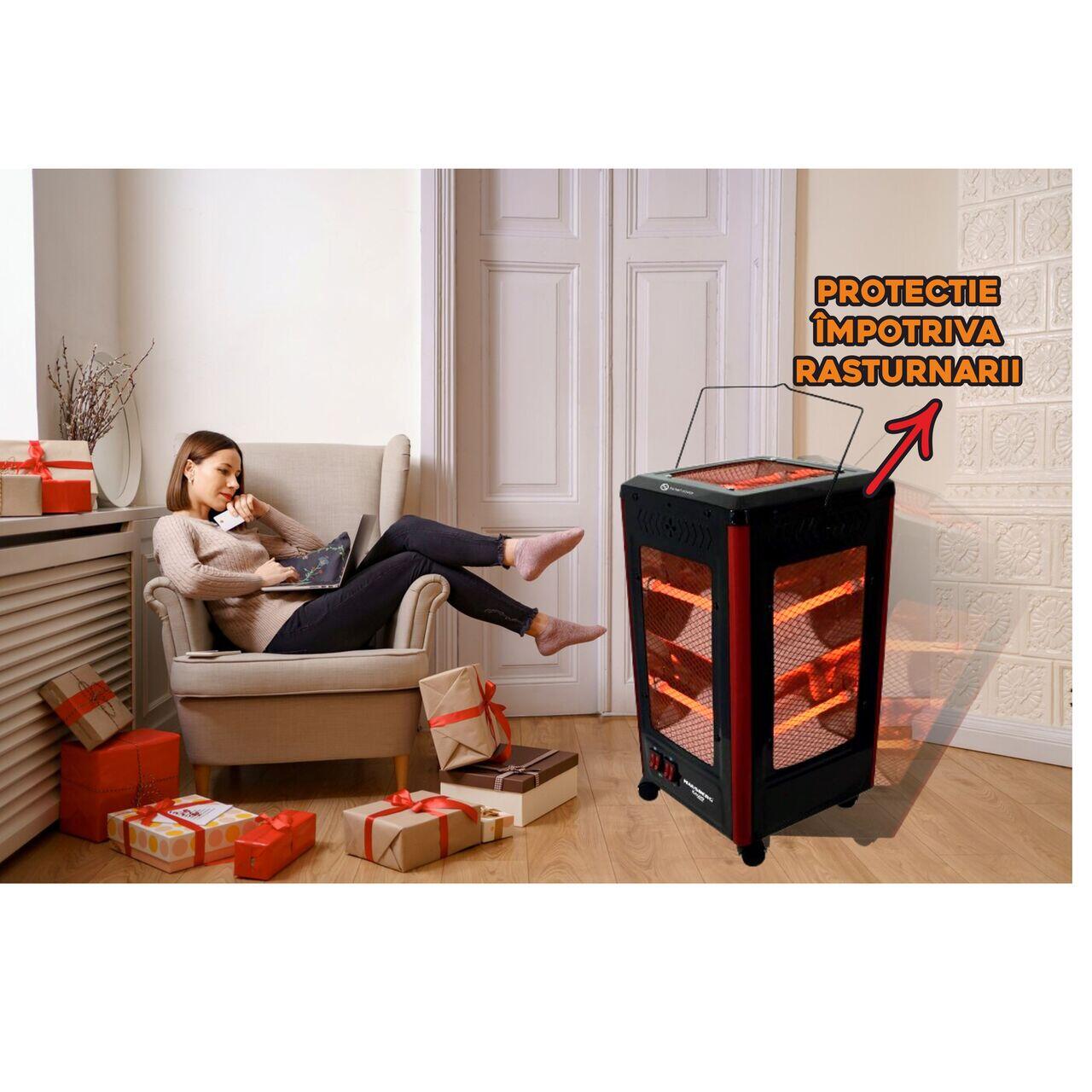 Radiator electric HAUSBERG HB-8802NG, 2200W, 5 niveluri de putere, incalzire in 5 directii, roti deplasare, maner pentru transport, protectie pentru rasturnare