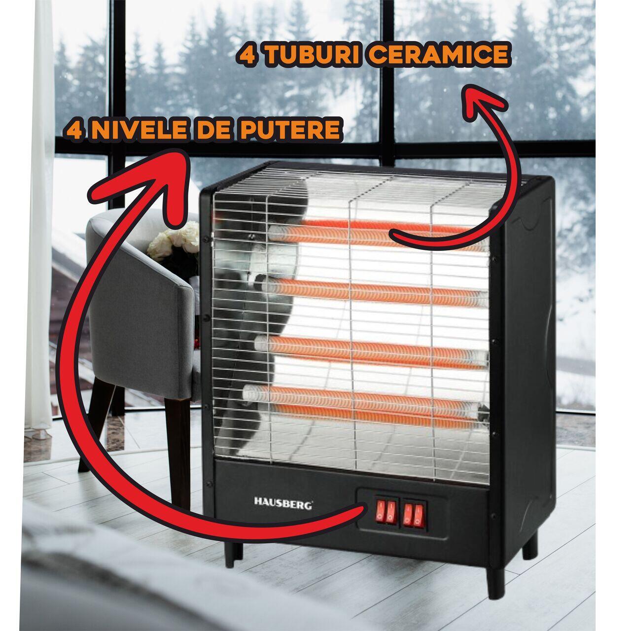 Radiator electric HAUSBERG HB-8803NG, 2000W, 4 nivele de putere, 4 tuburi ceramice