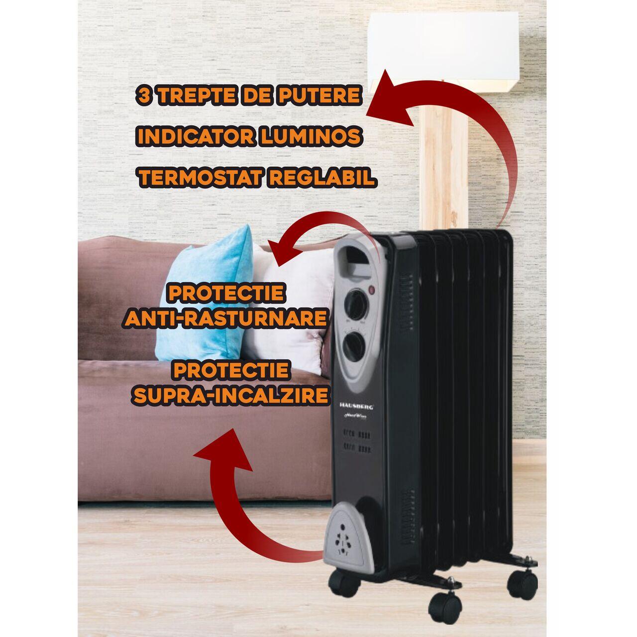 Calorifer electric HAUSBERG HB-8907NG, 1500 W, 7 elementi, 3 trepte de putere, Termostat reglabil, Protectie supra-incalzire, Protectie anti-rasturnare, Indicator luminos
