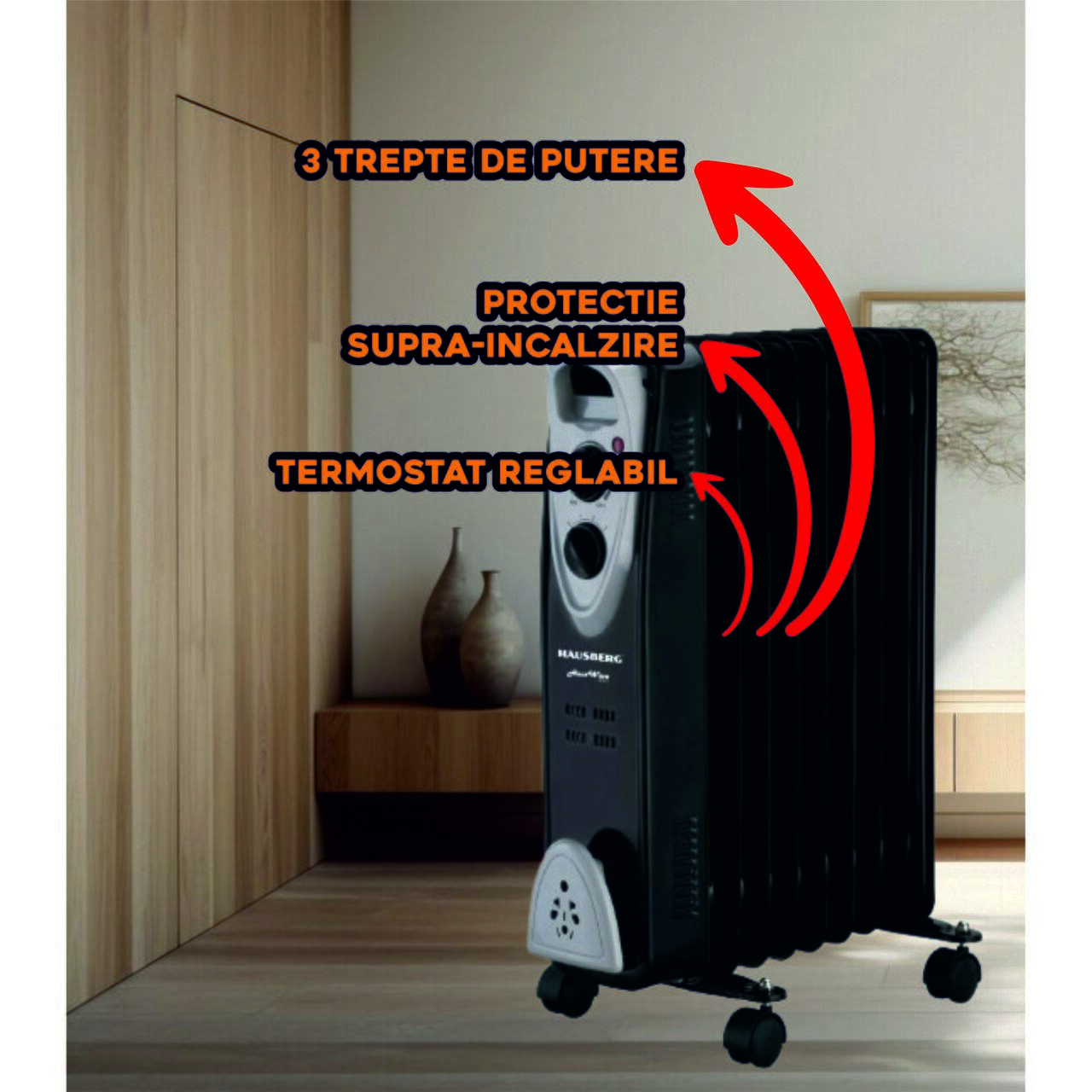 Calorifer electric HAUSBERG HB-8909NG, 2000 W, 9 elementi, 3 trepte de putere, Termostat reglabil, Protectie supra-incalzire, Protectie anti-rasturnare, Indicator luminos