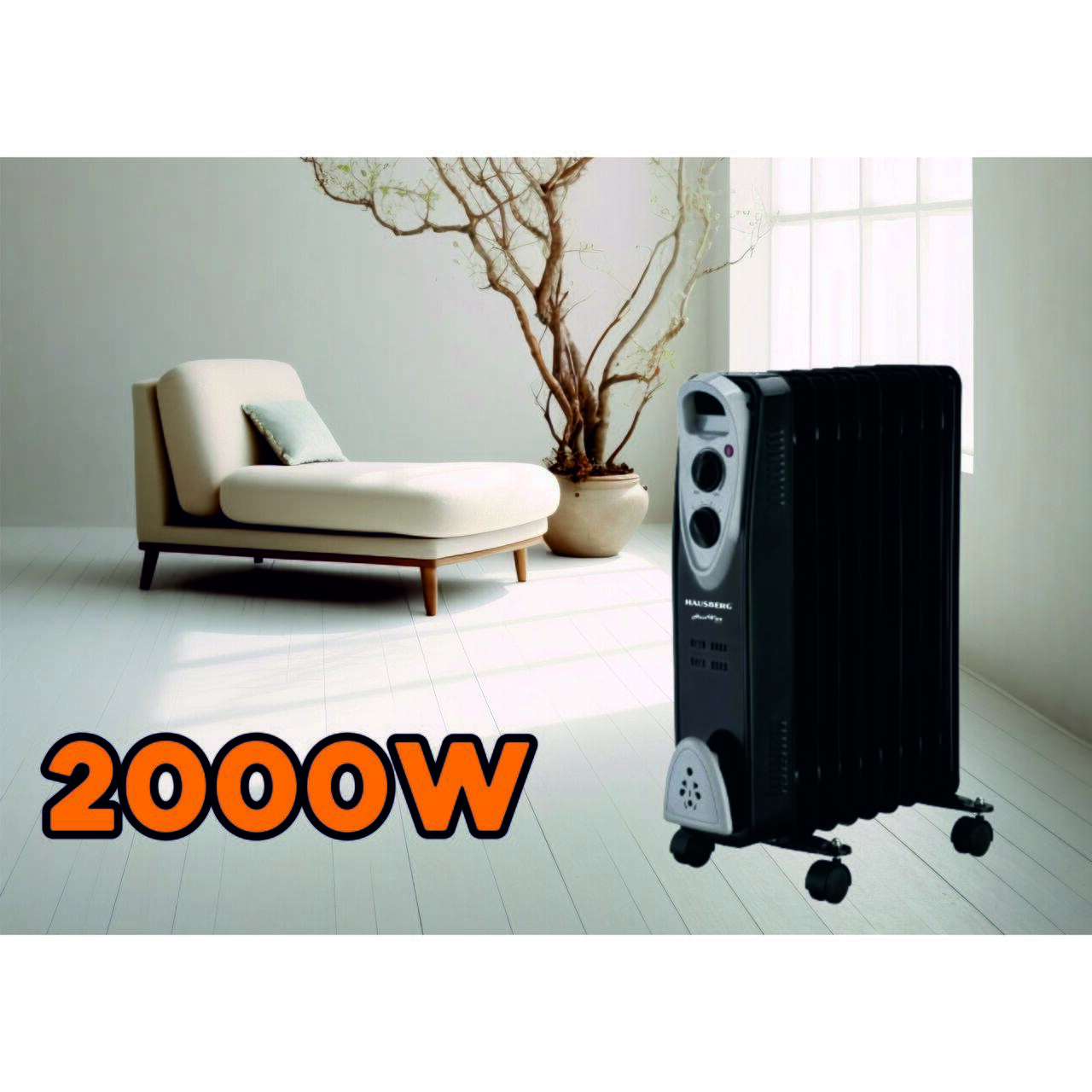 Calorifer electric HAUSBERG HB-8909NG, 2000 W, 9 elementi, 3 trepte de putere, Termostat reglabil, Protectie supra-incalzire, Protectie anti-rasturnare, Indicator luminos