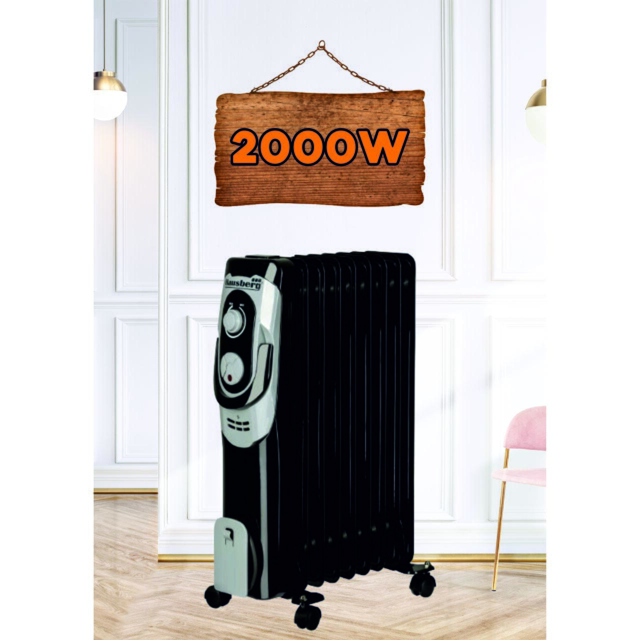 Calorifer electric HAUSBERG HB-8910NG, 2000W, 9 elementi, 3 nivele de putere, termostat reglabil