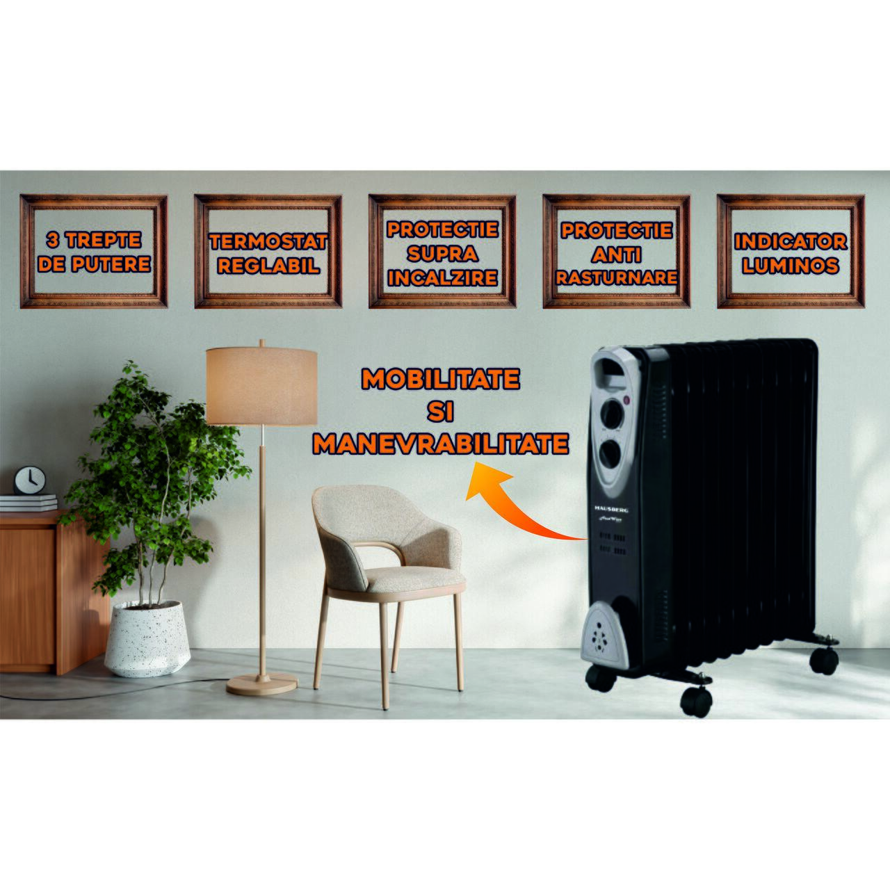 Calorifer electric HAUSBERG HB-8911NG, 2500 W, 11 elementi, 3 trepte de putere, Termostat reglabil, Protectie supra-incalzire, Protectie anti-rasturnare, Indicator luminos