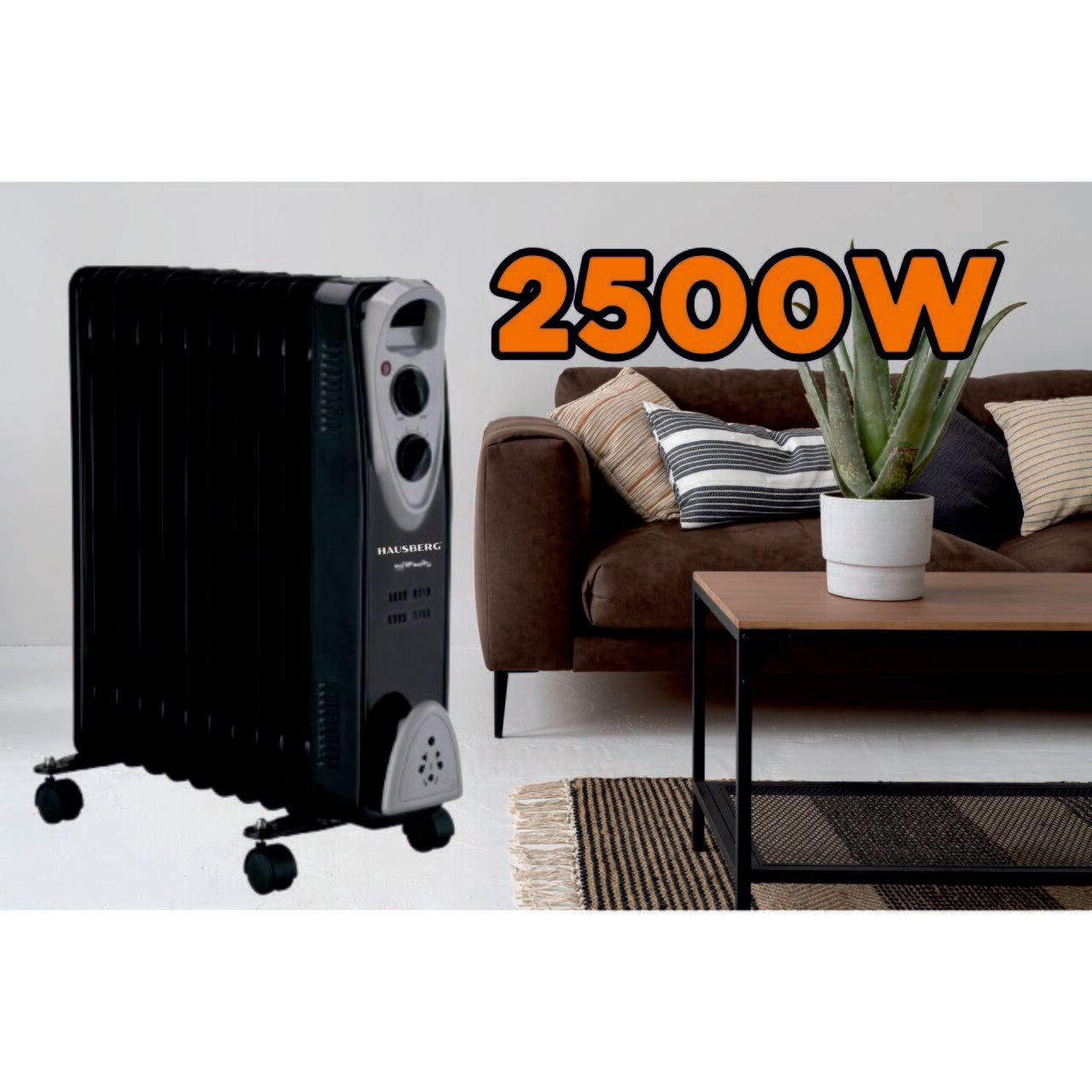 Calorifer electric HAUSBERG HB-8911NG, 2500 W, 11 elementi, 3 trepte de putere, Termostat reglabil, Protectie supra-incalzire, Protectie anti-rasturnare, Indicator luminos