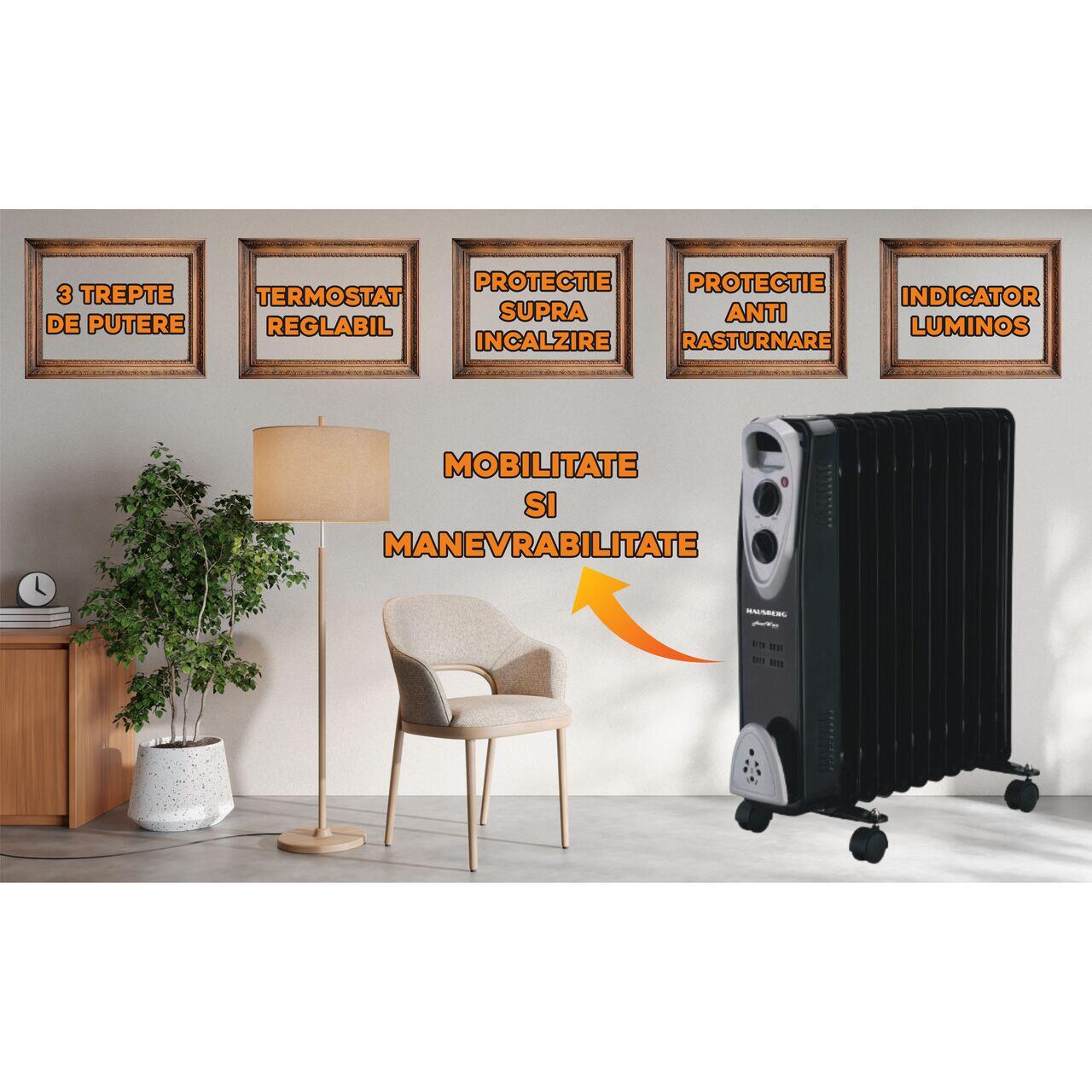 Calorifer electric HAUSBERG HB-8913NG, 2500 W, 13 elementi, 3 trepte de putere, Termostat reglabil, Protectie supra-incalzire, Protectie anti-rasturnare, Indicator luminos