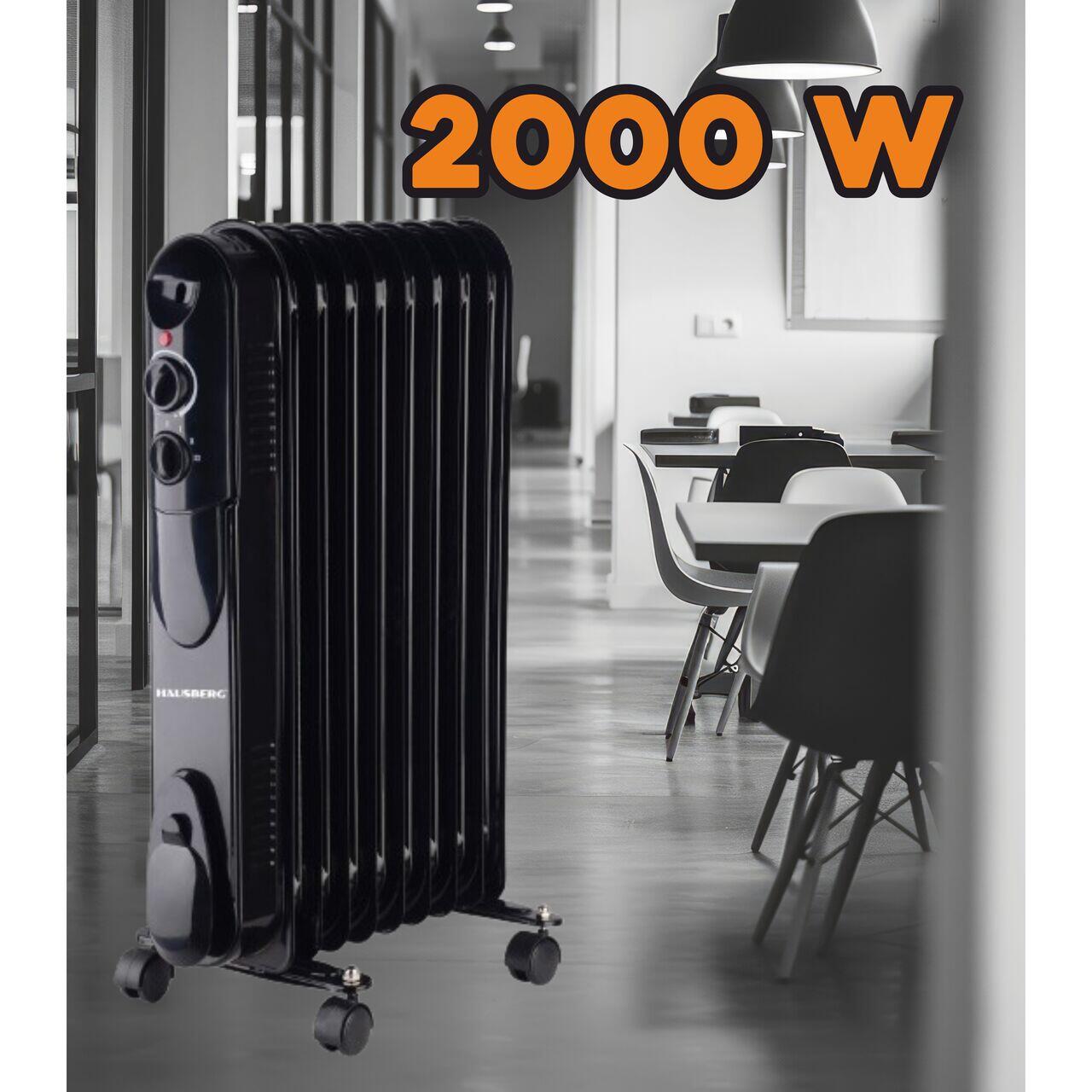 Calorifer electric cu ulei HAUSBERG HB-8915, 3 trepte, 800-1200-2000 W, 9 elementi 110 mm x 580 mm, termostat reglabil, maner si rotite pentru o deplasare facila, indicator luminos functionare