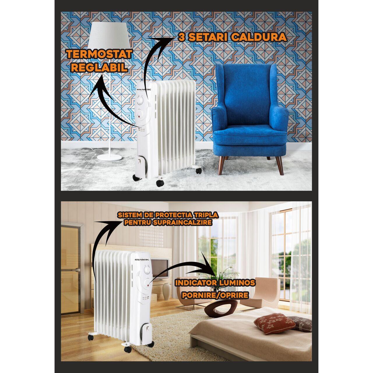 Calorifer electric HAUSBERG HB-8920, 2500W, 11 elementi, 3 nivele de putere, termostat reglabil