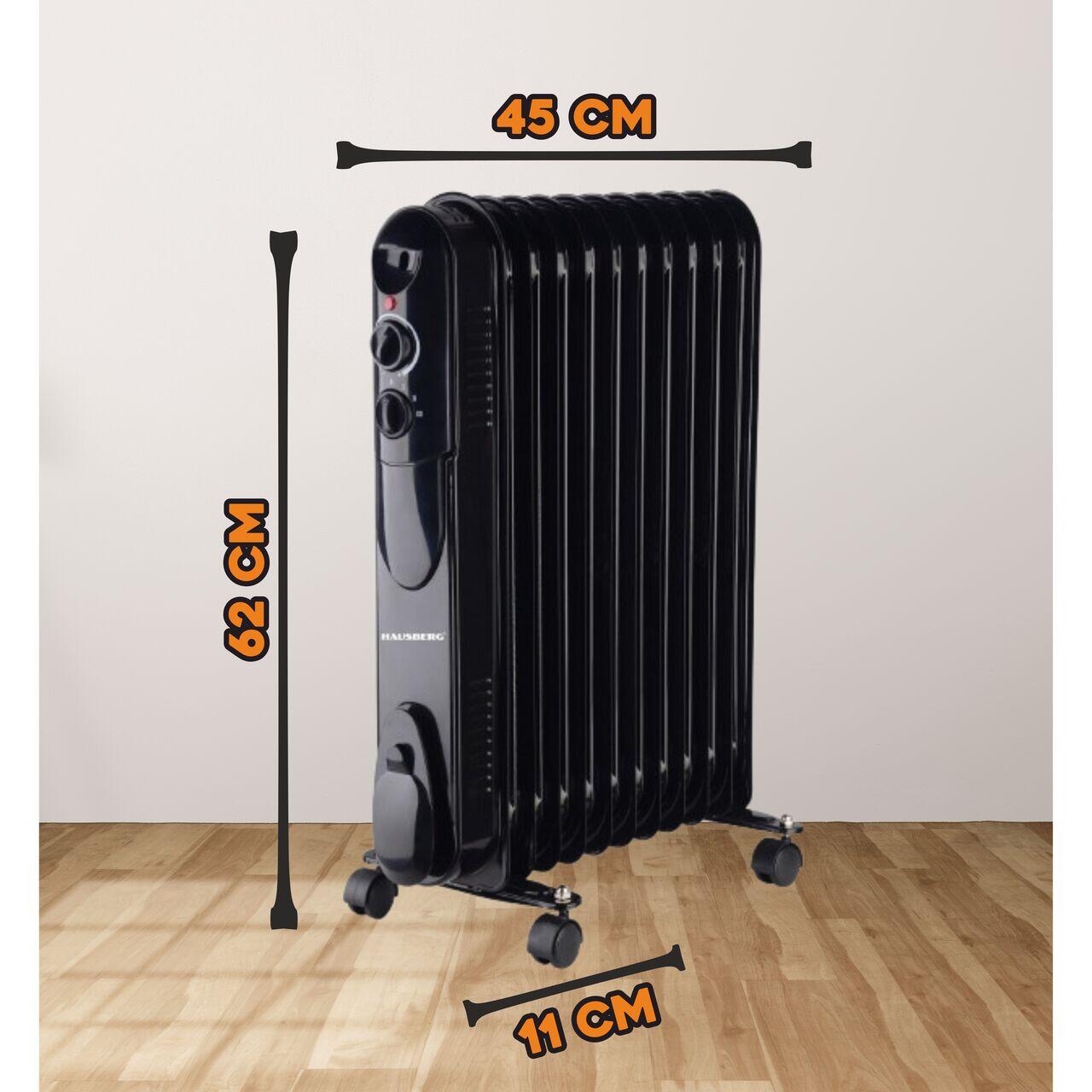 Calorifer electric cu ulei HAUSBERG HB-8925, 3 trepte, 1000-1500-2500 W, 11 elementi 110 mm x 580 mm, termostat reglabil, maner si rotite pentru o deplasare facila, indicator luminos functionare