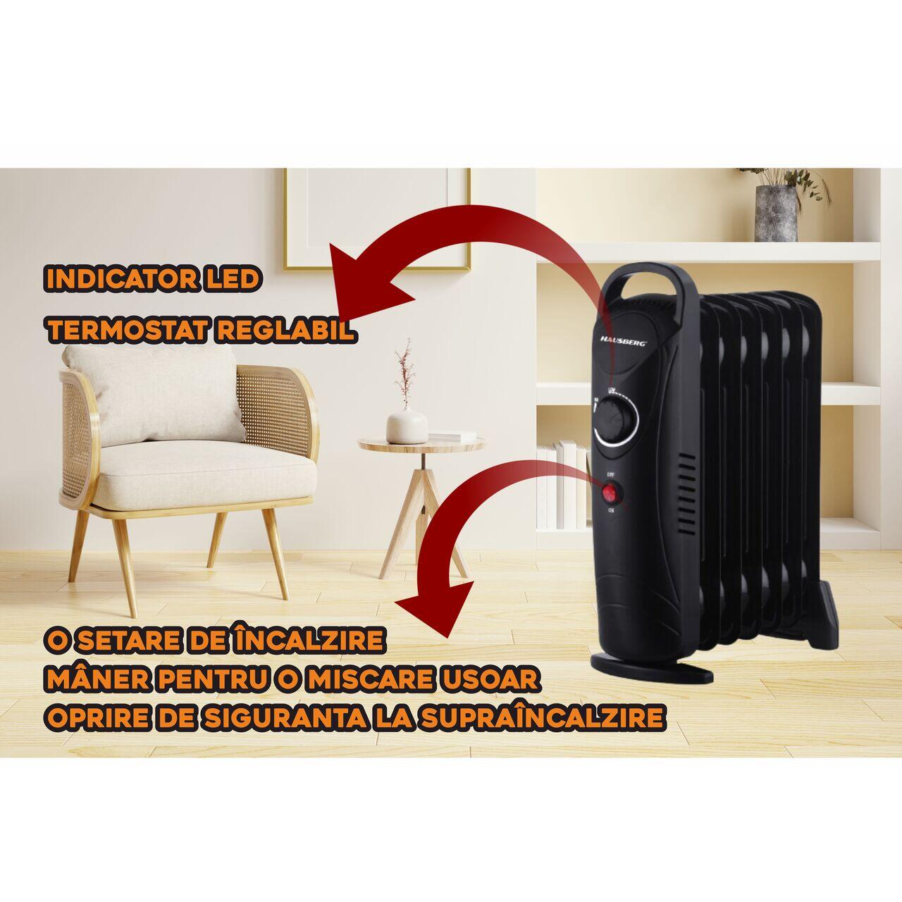 Calorifer electric cu ulei HAUSBERG HB-8940, max 1000 W, 7 elementi, termostat reglabil