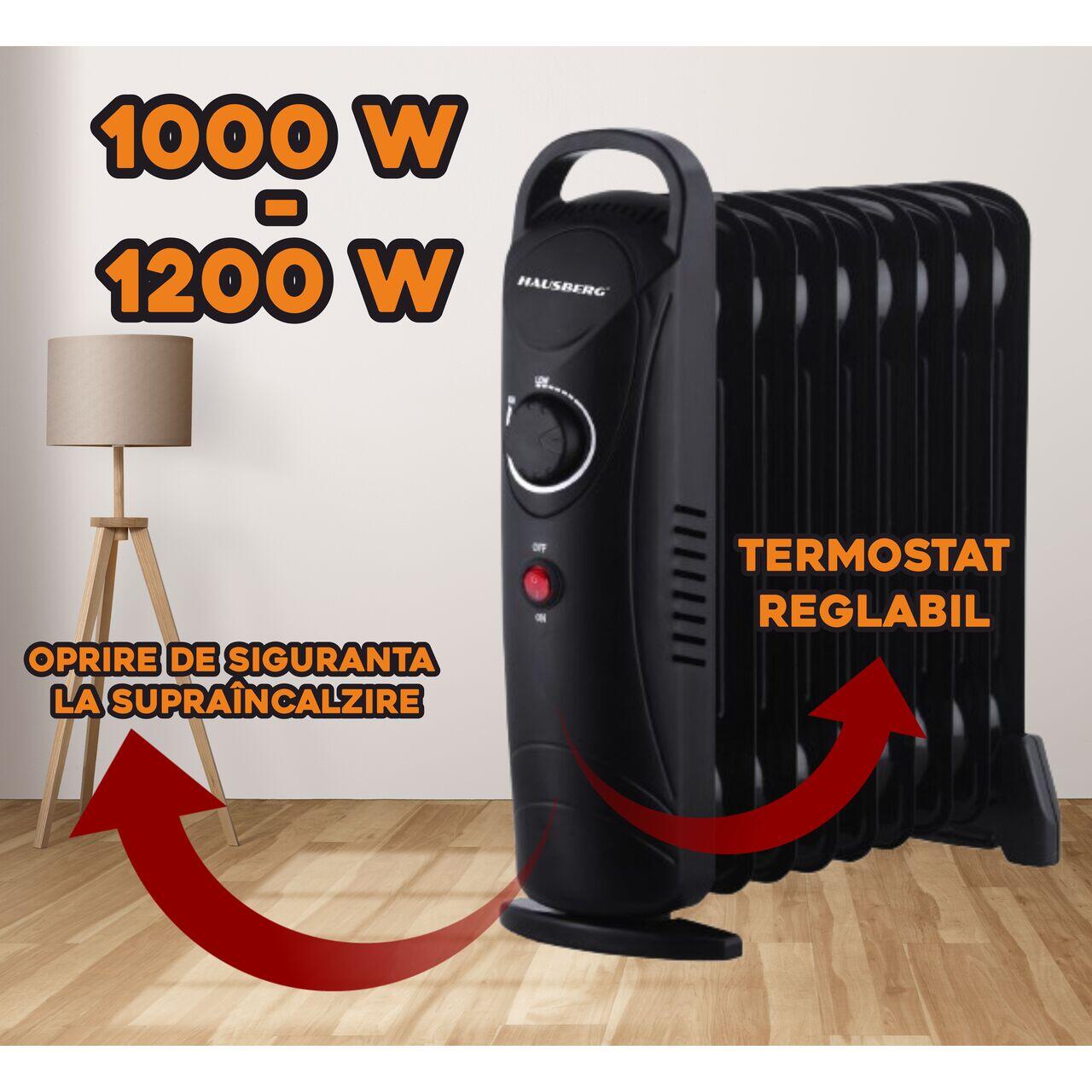 Calorifer electric cu ulei HAUSBERG HB-8945, o singura treapta de incalzire, 1000-1200 W, 9 elementi 110 mm x 330 mm, termostat reglabil, maner si rotite pentru o deplasare facila, indicator luminos functionare