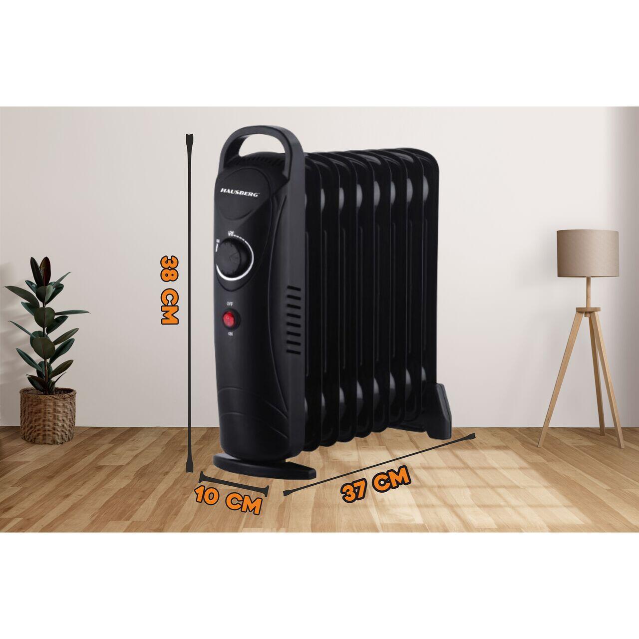 Calorifer electric cu ulei HAUSBERG HB-8945, o singura treapta de incalzire, 1000-1200 W, 9 elementi 110 mm x 330 mm, termostat reglabil, maner si rotite pentru o deplasare facila, indicator luminos functionare