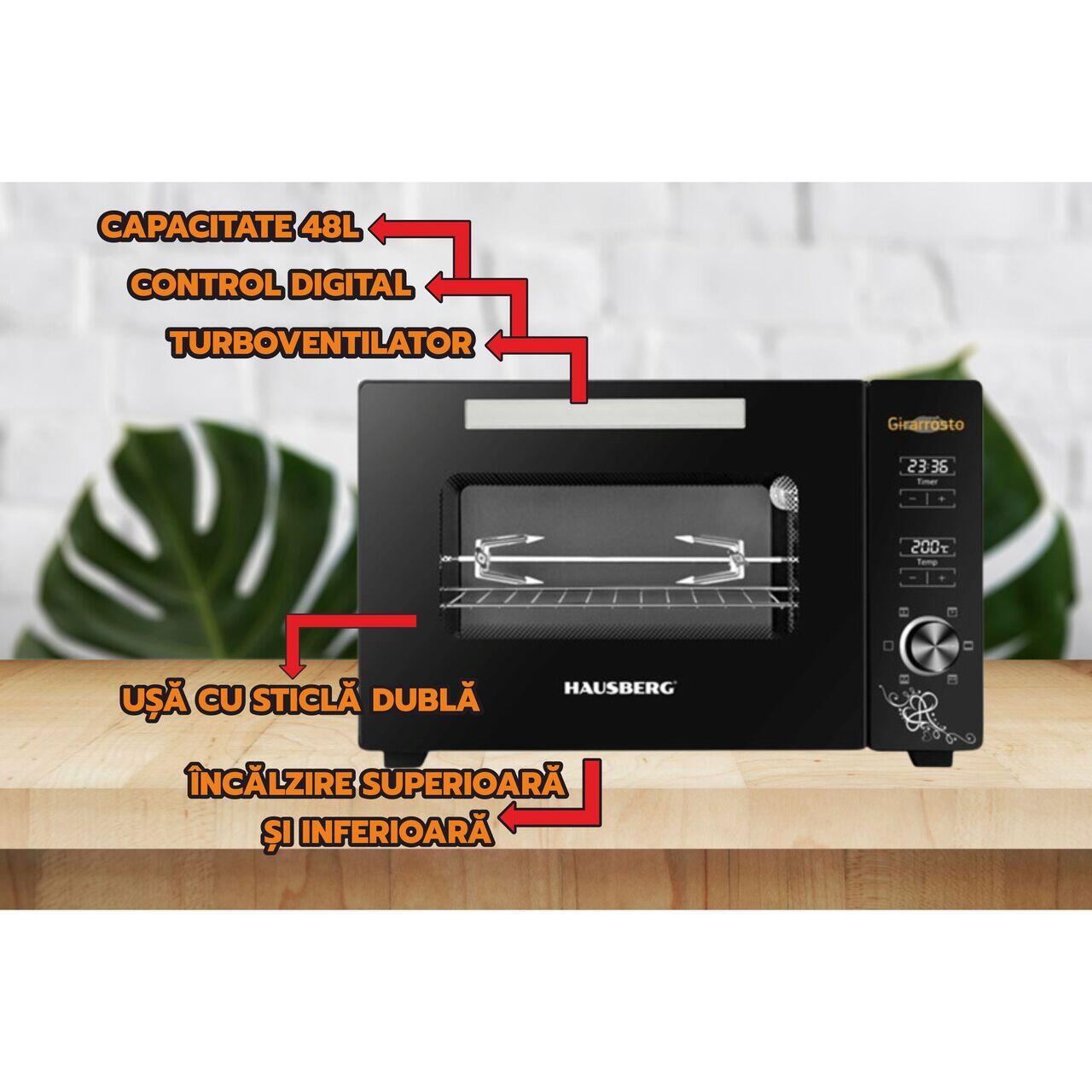 Cuptor electric digital cu rotisor si ventilator HAUSBERG HB-9260, 1800W, Turbo, Capacitate 48L, Control temperatura 230 grade Celsius, Lumina interior