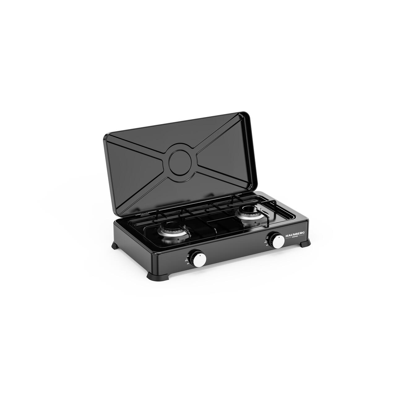 Aragaz portabil Minigaz dublu Hausberg HB-H402NG, 2×2.2kW, arzatoare aluminiu, supapa CE, corp metalic