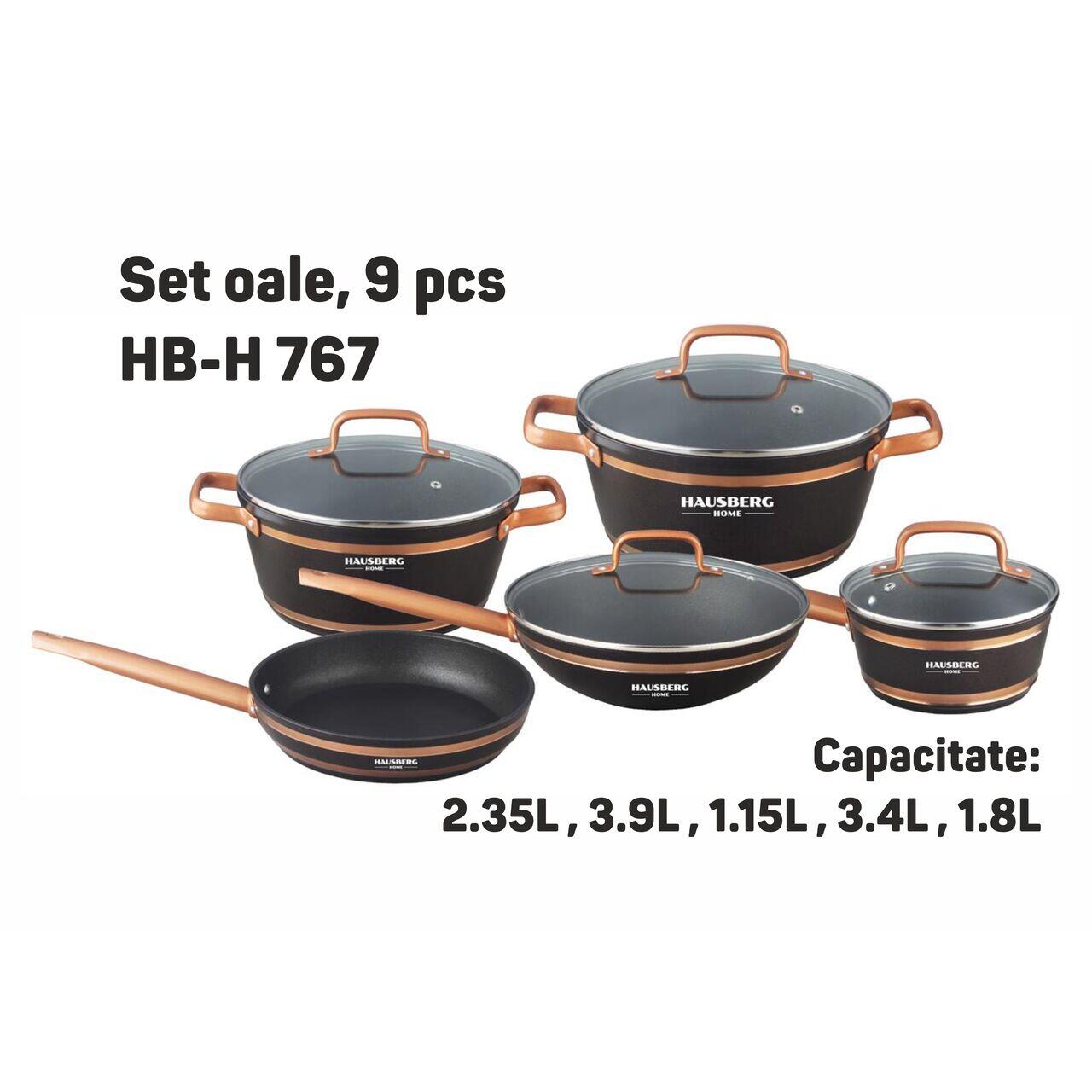 Set oale 9 piese HAUSBERG HB-H767, interior antiaderent, manere soft touch, capac sticla, finisaj cu linie aurie
