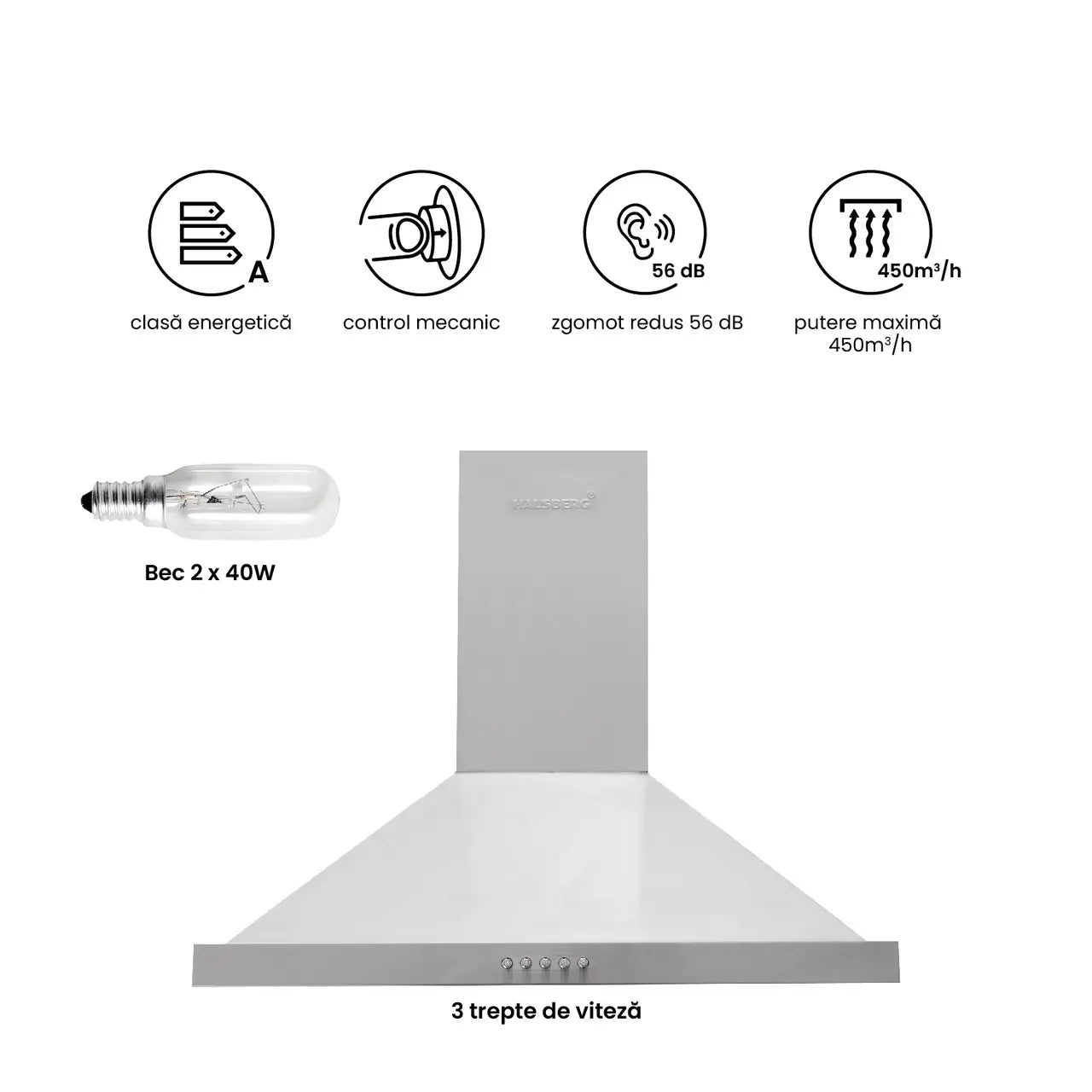 Hota incorporabila decorativa HAUSBERG HB-1260, 60 cm, putere de absorbtie 450 m³/h, 1 motor