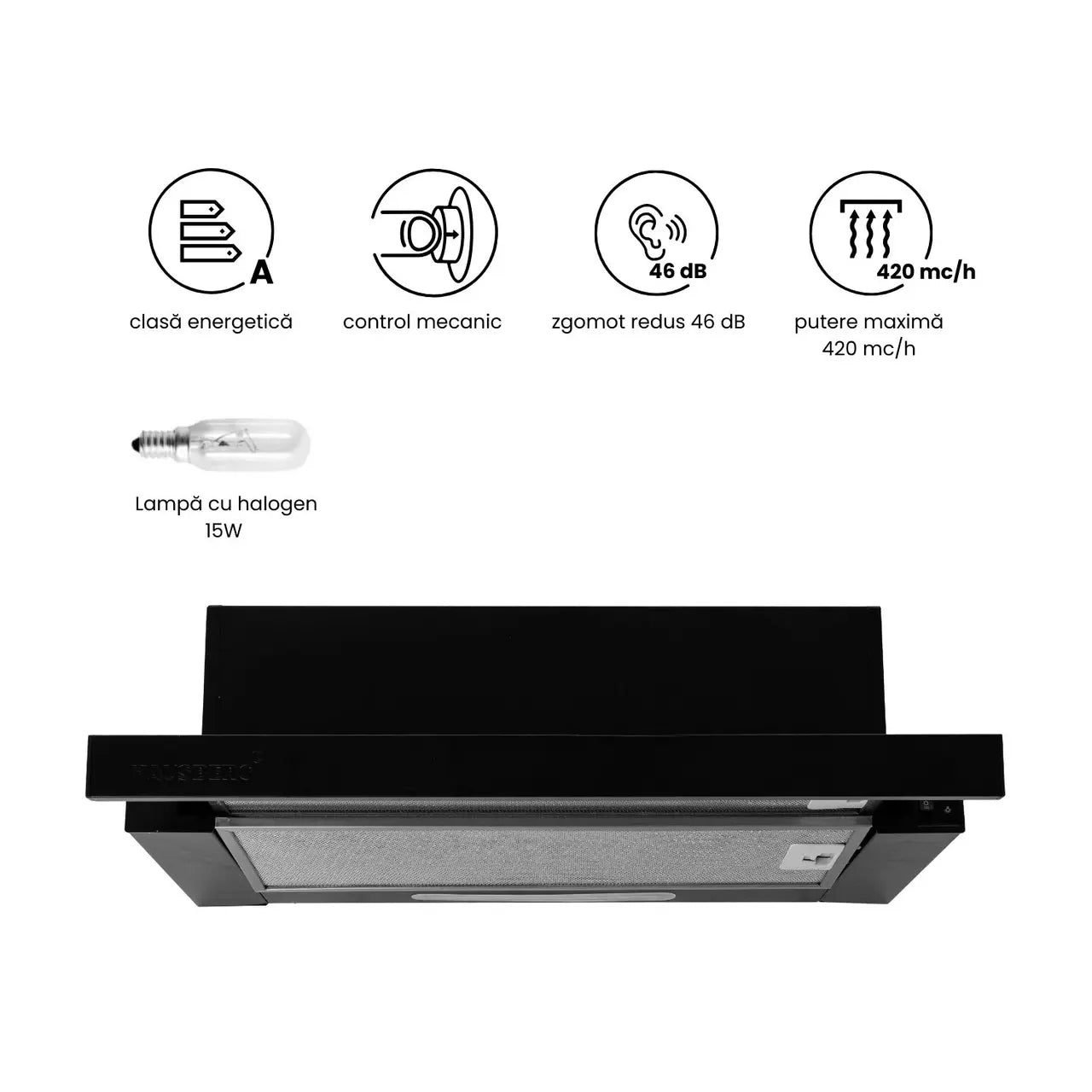 Hota incorporabila telescopica HAUSBERG HB-1285, 60 cm, putere de absorbtie 420 m³/h, 2 motoare