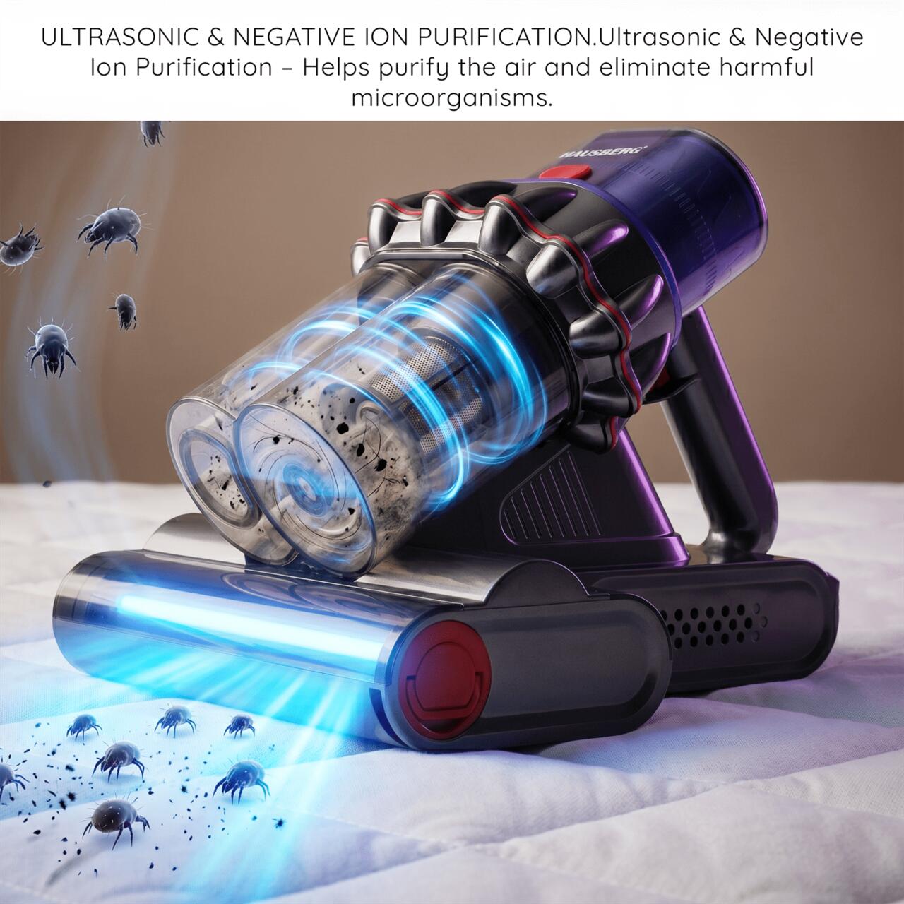 Aspirator UV antiacarieni cu afisaj digital multifunctional HAUSBERG HB-2022MV, 400-600W, sterilizare UV, ioni negativi, purificare cu ultrasunete, Mov-Gri