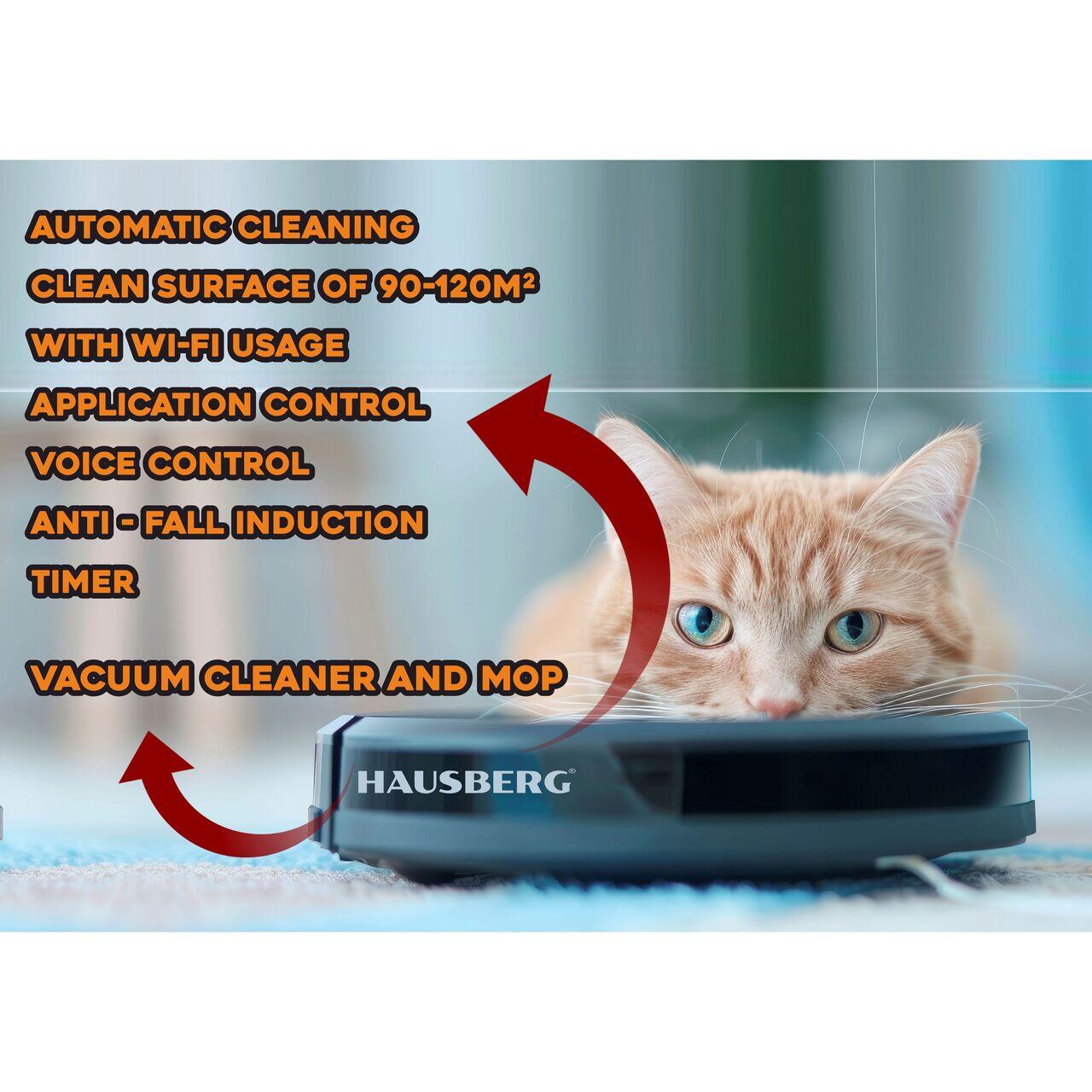 Robot de aspirare Hausberg HB3005, WiFi, 20W, aspirator si mop, control vocal, curata suprafata 90-120m/2, Autonomie 2 ore, recipient praf 350ml, Nivel zgomot 65 dB