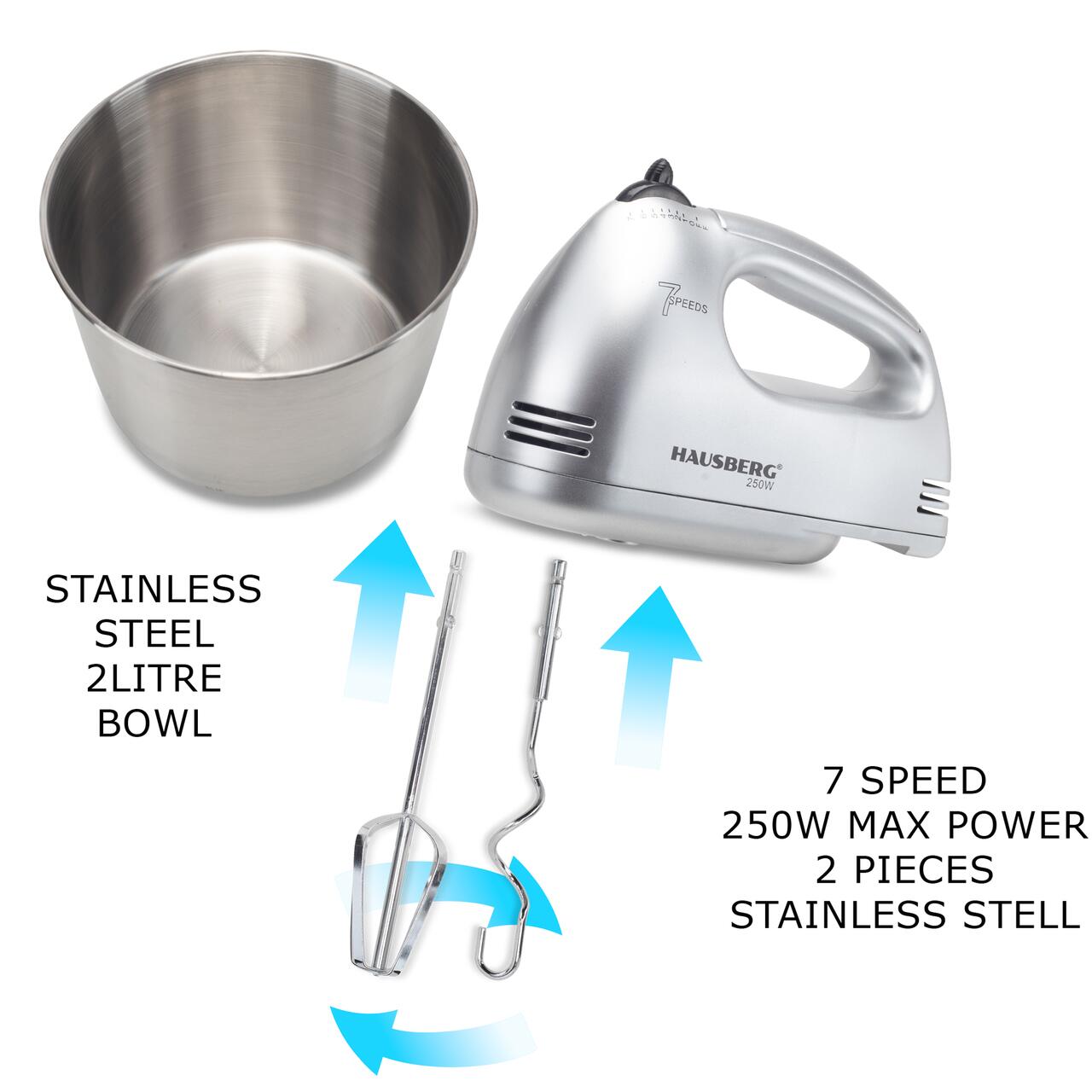 HAUSBERG HB-3551NG tálkás mixer, 7 sebesség, 250W teljesítmény, 2 literes rozsdamentes acél tál