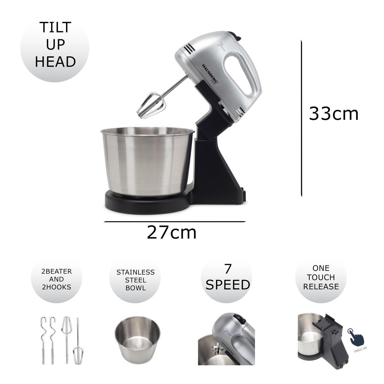 HAUSBERG HB-3551NG tálkás mixer, 7 sebesség, 250W teljesítmény, 2 literes rozsdamentes acél tál