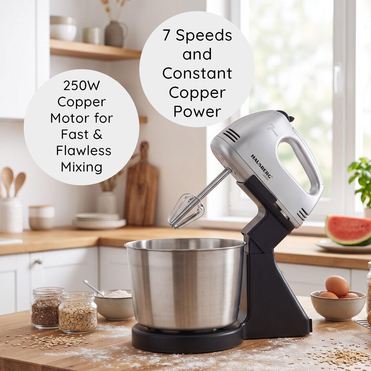 HAUSBERG HB-3551NG tálkás mixer, 7 sebesség, 250W teljesítmény, 2 literes rozsdamentes acél tál