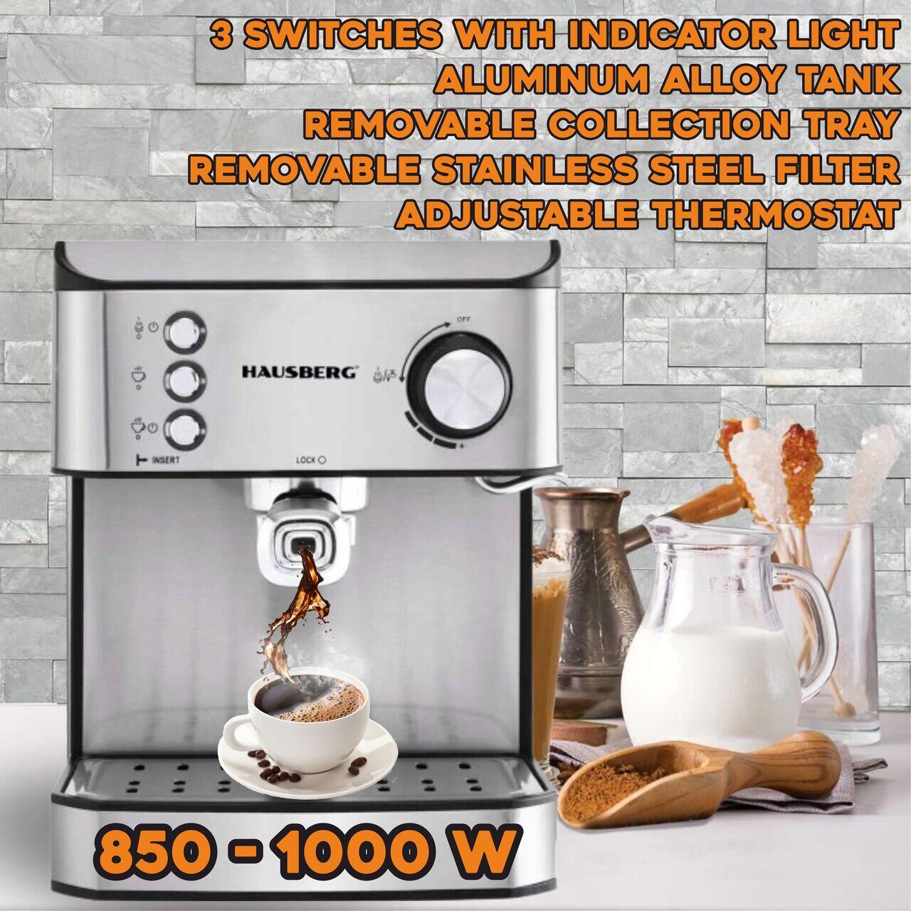 Espressor cafea HAUSBERG HB3725, cafea macinata, 15 bar, 850-1000 W