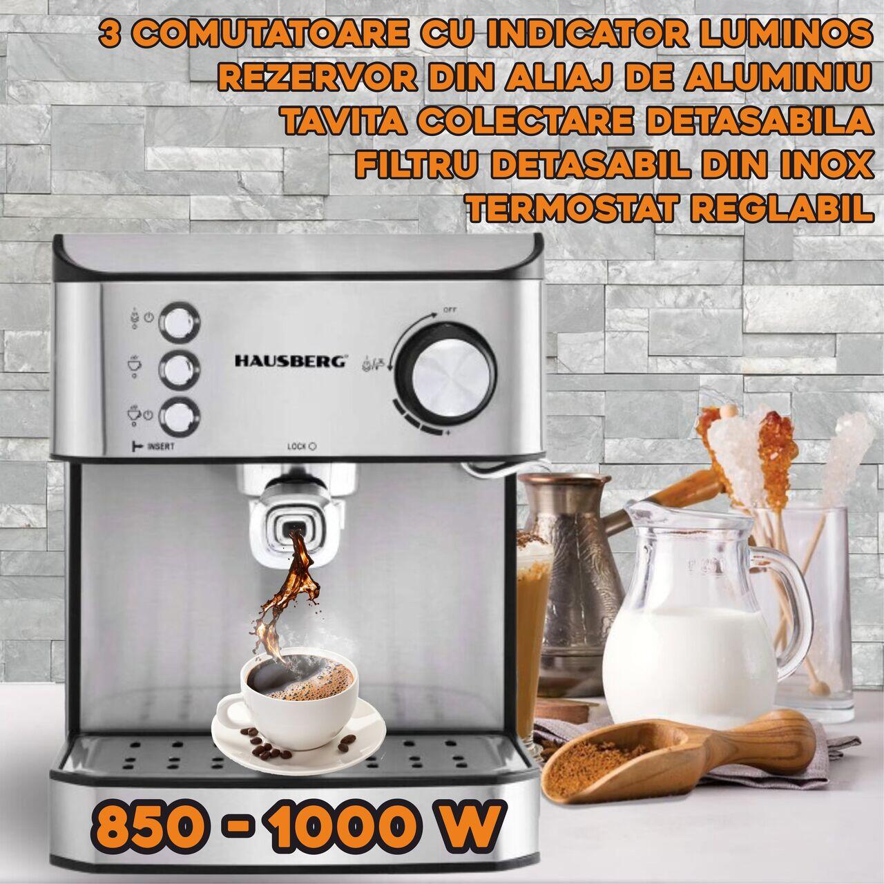 Espressor cafea HAUSBERG HB3725, cafea macinata, 15 bar, 850-1000 W