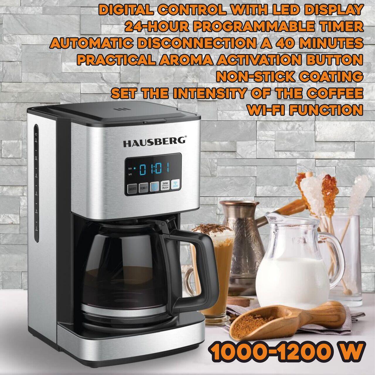 Filtru cafea digital cu functie de programare HAUSBERG HB3755, 1000-1200 W, 1.8 l, Wifi, afisaj LED, sistem de protectie, Inox