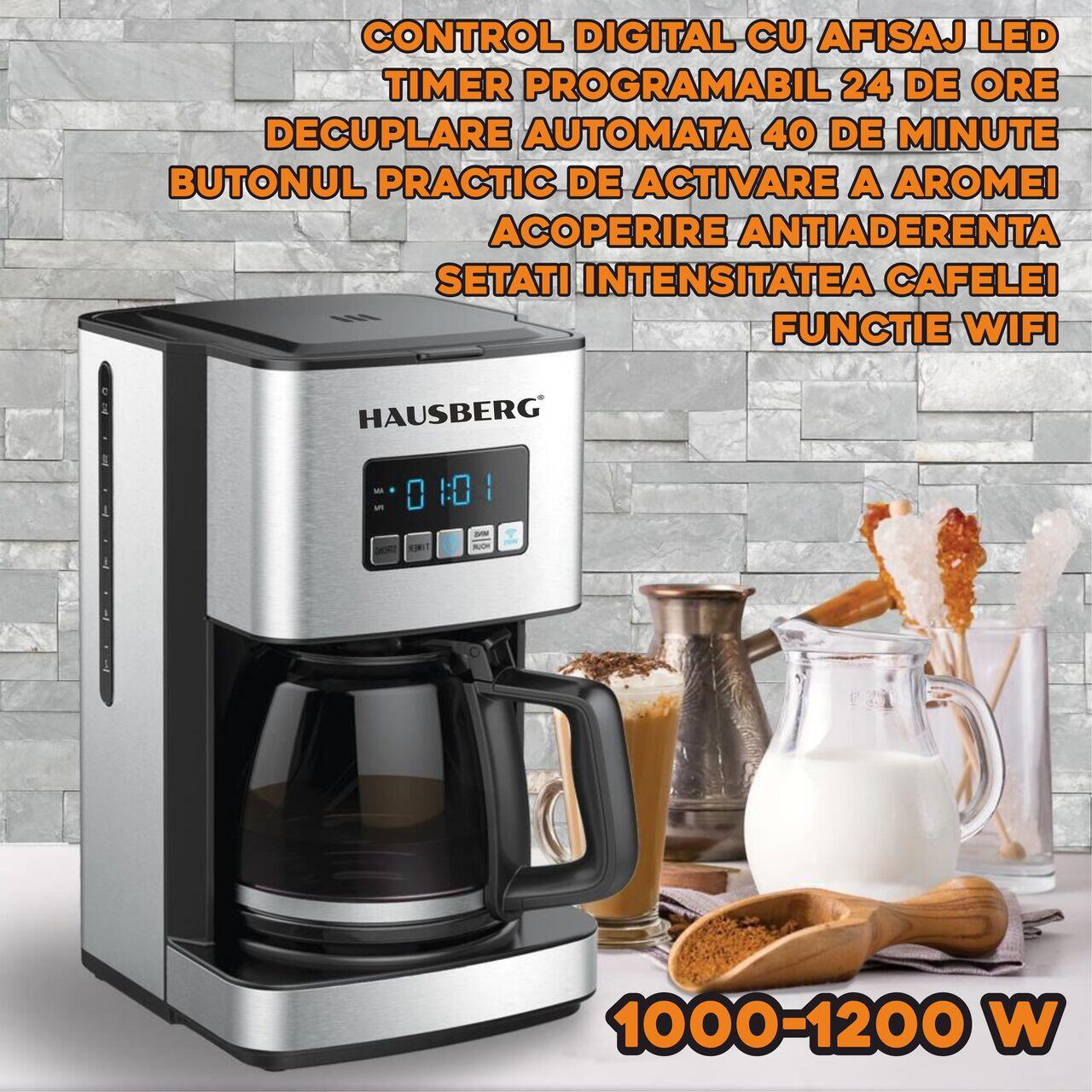 Filtru cafea digital cu functie de programare HAUSBERG HB3755, 1000-1200 W, 1.8 l, Wifi, afisaj LED, sistem de protectie, Inox