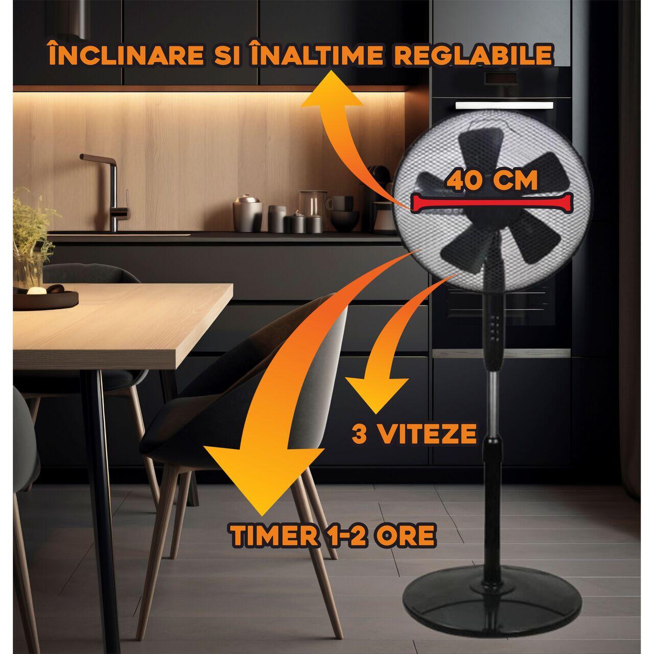Ventilator cu picior HAUSBERG HB-5200 Speed, 40W-55W, diametru 40 cm, 3 trepte viteza,  timer 1-2 ore oscilatie, inaltime reglabila