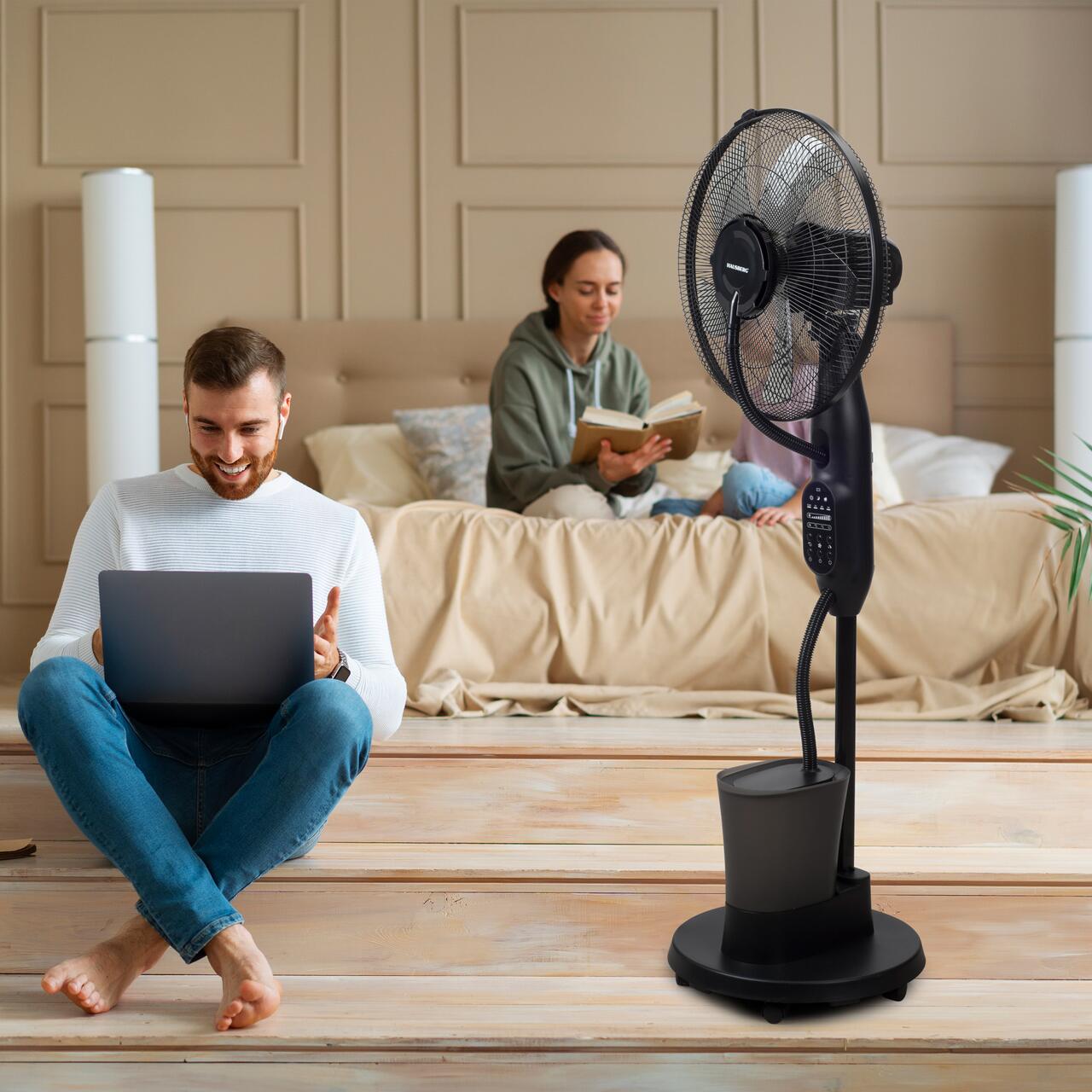 Ventilator umidificator HAUSBERG HB-5601NG, 75W, 16 inch, 3 viteze, timer 7.5h, rezervor 2.8L, LCD, telecomanda