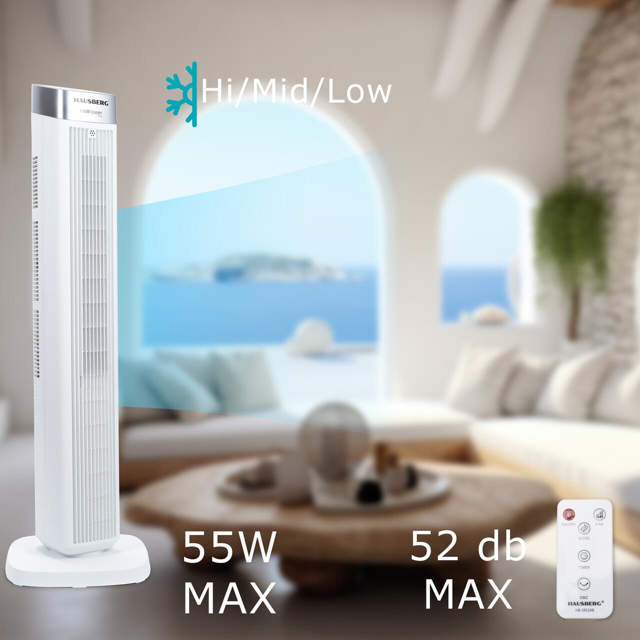 Ventilator turn digital HAUSBERG HB-5953AB, 55W, 41 inch, 3 viteze, 3 moduri, temporizator 24h, LED, oscilatie, telecomanda, difuzor parfum