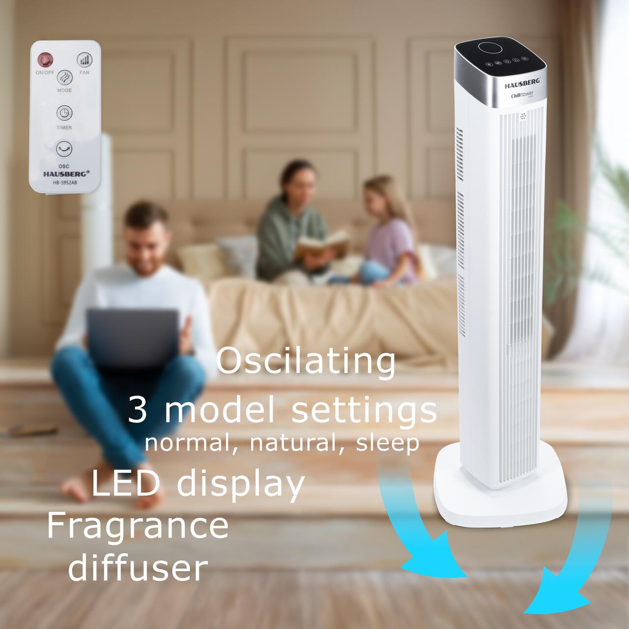 Ventilator turn digital HAUSBERG HB-5953AB, 55W, 41 inch, 3 viteze, 3 moduri, temporizator 24h, LED, oscilatie, telecomanda, difuzor parfum
