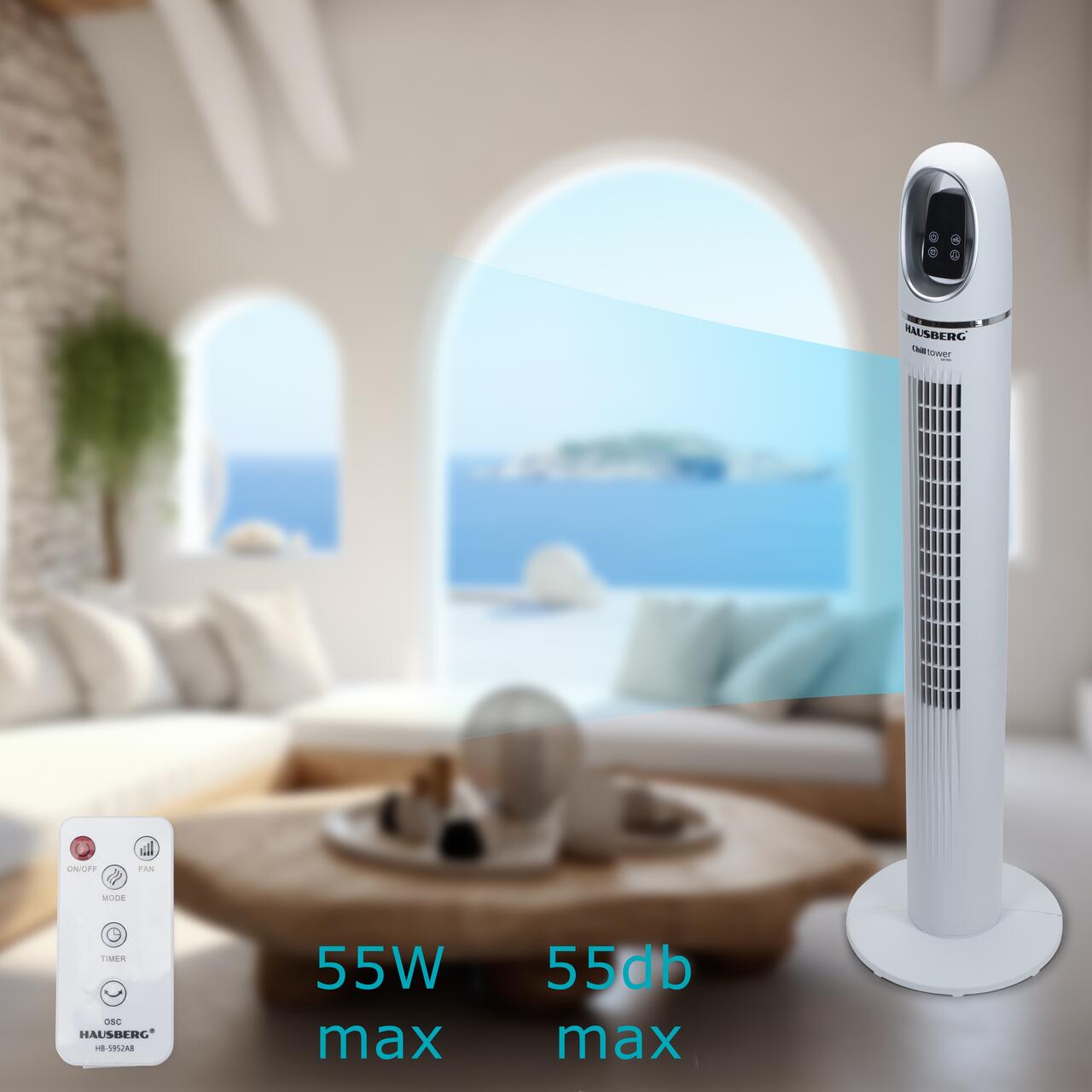 Ventilator turn digital HAUSBERG HB-5958AB, 55W, 45 inch, 3 viteze, temporizator 24h, LED, oscilatie, telecomanda