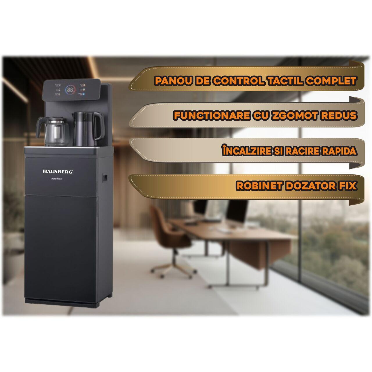 Dozator apa de podea multifunctional HAUSBERG HB-6030NG, cu amplasarea bidonului la baza si Tea Bar, Apa calda/rece, Ceainic, Fierbator, Racire cu compressor