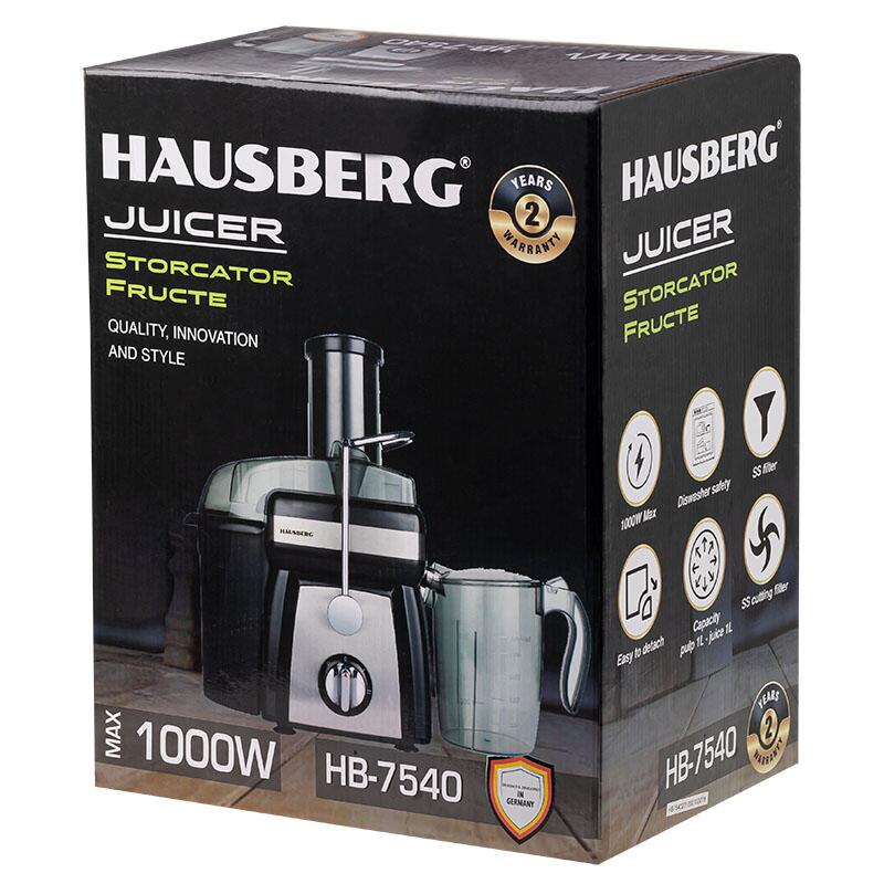 Storcator de fructe si legume Hausberg HB-7540, 1000W, 2 viteze, recipient pulpa 1L, recipient suc 1L, accesoriu impingere