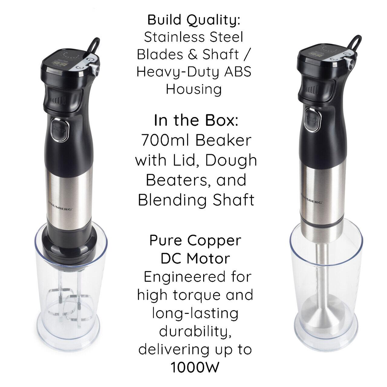 Blender 2 in 1 HAUSBERG HB-7704IN cu putere 1000W, Mixer vertical profesional, 10 trepte de viteza si functie Turbo, Capacitate pahar 700 ml , Multifunctional