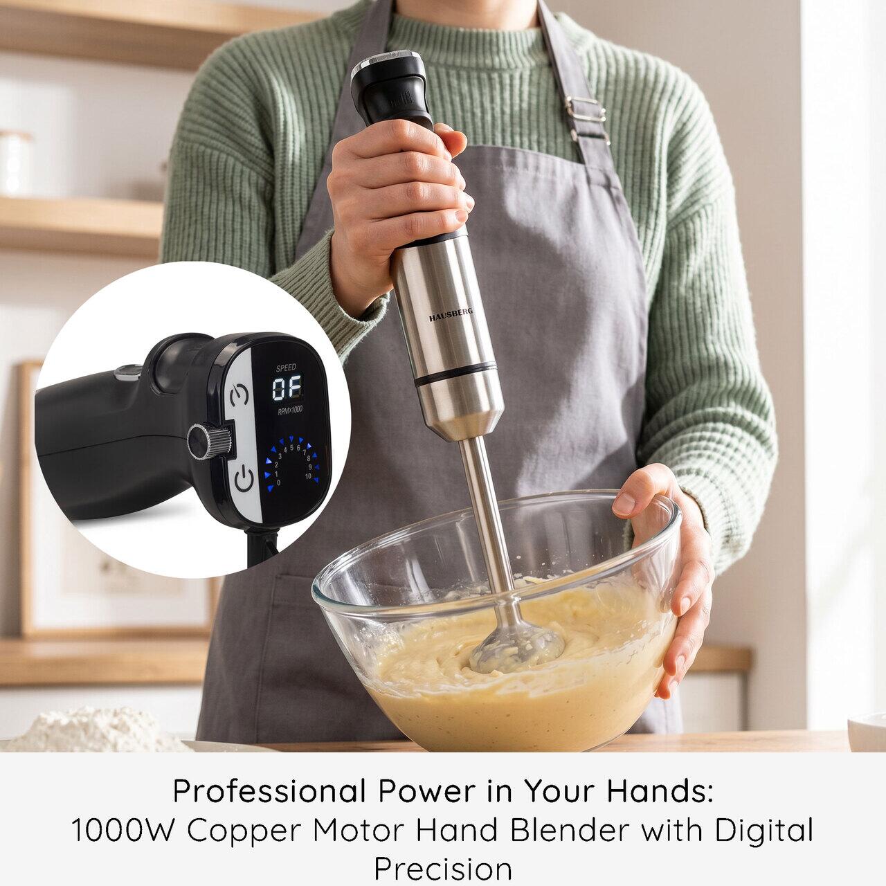 Blender 2 in 1 HAUSBERG HB-7704IN cu putere 1000W, Mixer vertical profesional, 10 trepte de viteza si functie Turbo, Capacitate pahar 700 ml , Multifunctional